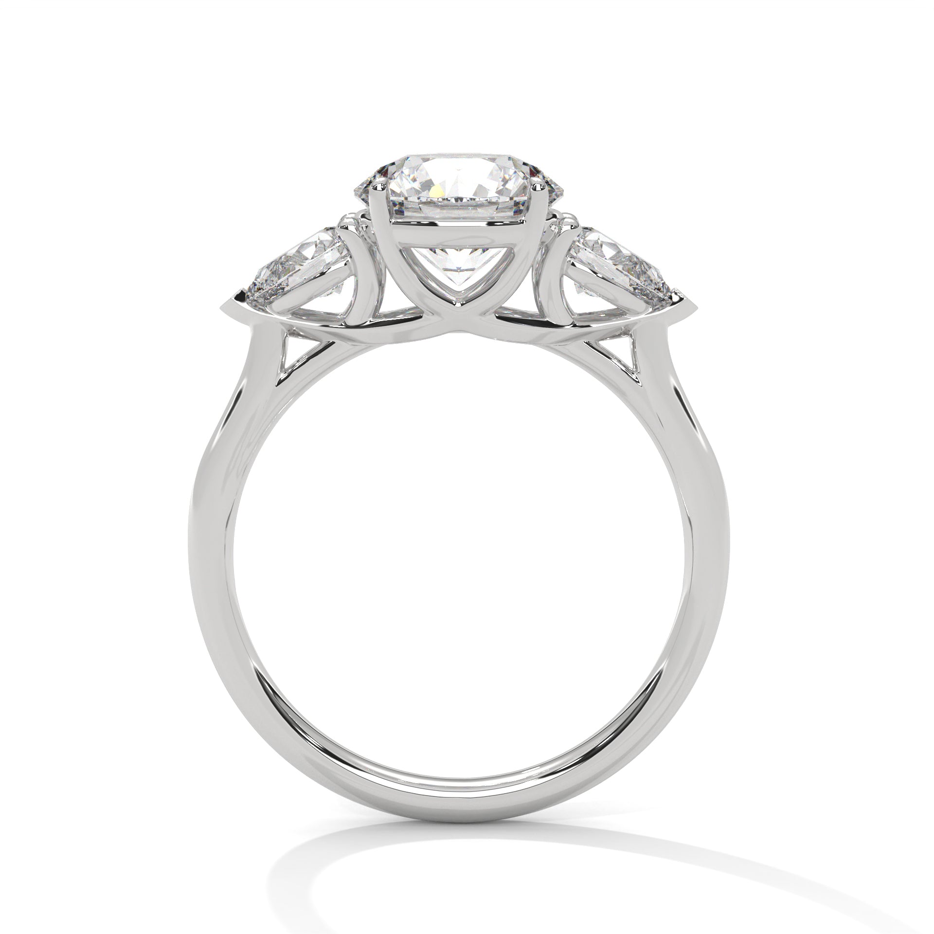 1–5 Carat Round Lab Grown Diamond Trilogy Ring with Pear Side Diamonds – 18K White, Yellow or Rose Gold