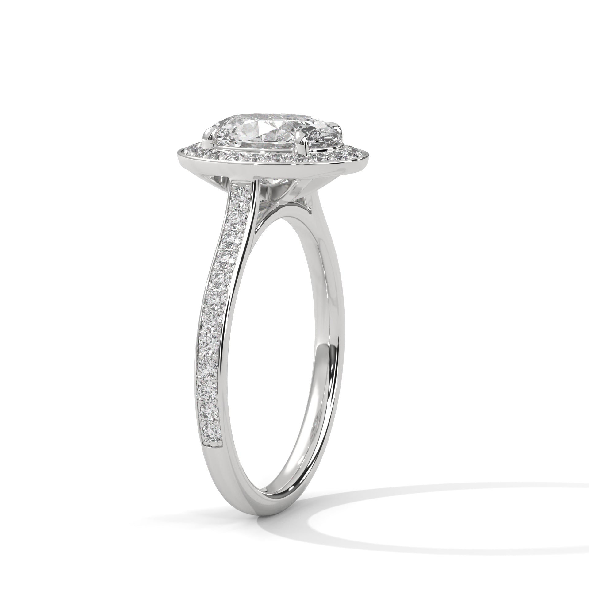 1–3 Carat Oval Lab Grown Diamond Solitaire Ring with Halo Diamonds & Pavé Band – Four Prong Setting in 18K Gold