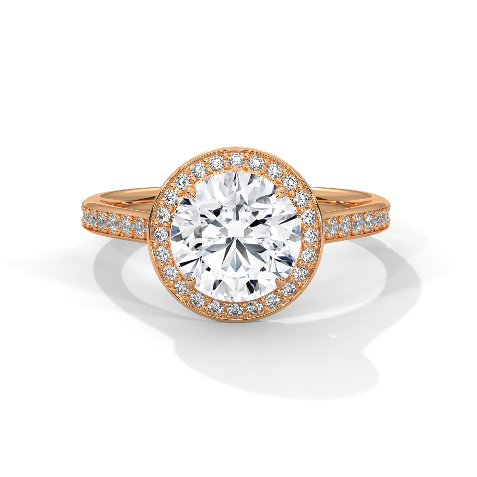 1–3 Carat Round Lab Grown Solitaire Diamond Halo Ring with Pave Band – Four Prong Setting in 18K Gold