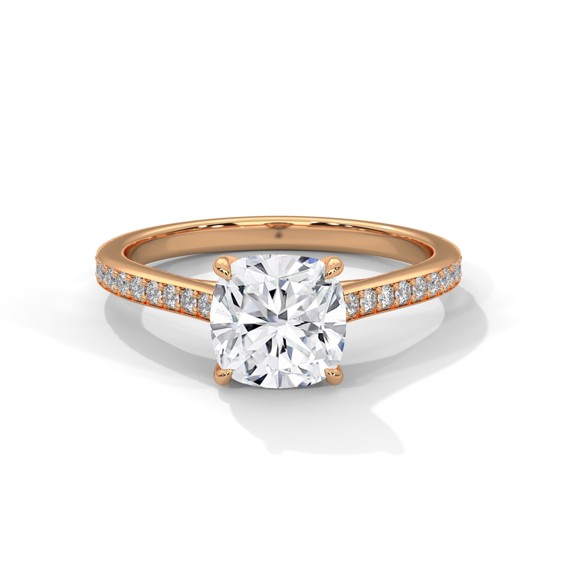 1–3 Carat Cushion Lab Grown Diamond Solitaire Ring – Pavé Setting in 18K Gold