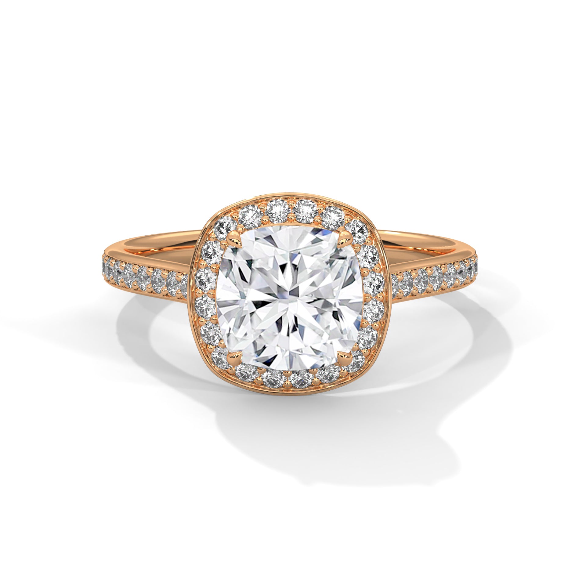 1–3 Carat Cushion Lab Grown Diamond Solitaire Halo Engagement Ring – Pave Band in 18K Gold