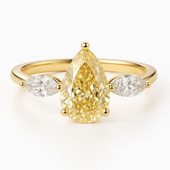 1.50ct Fancy Yellow Lab Grown Diamond Trilogy Ring | Three Stone Pear Solitaire with Marquise Side Diamonds | 18k Gold