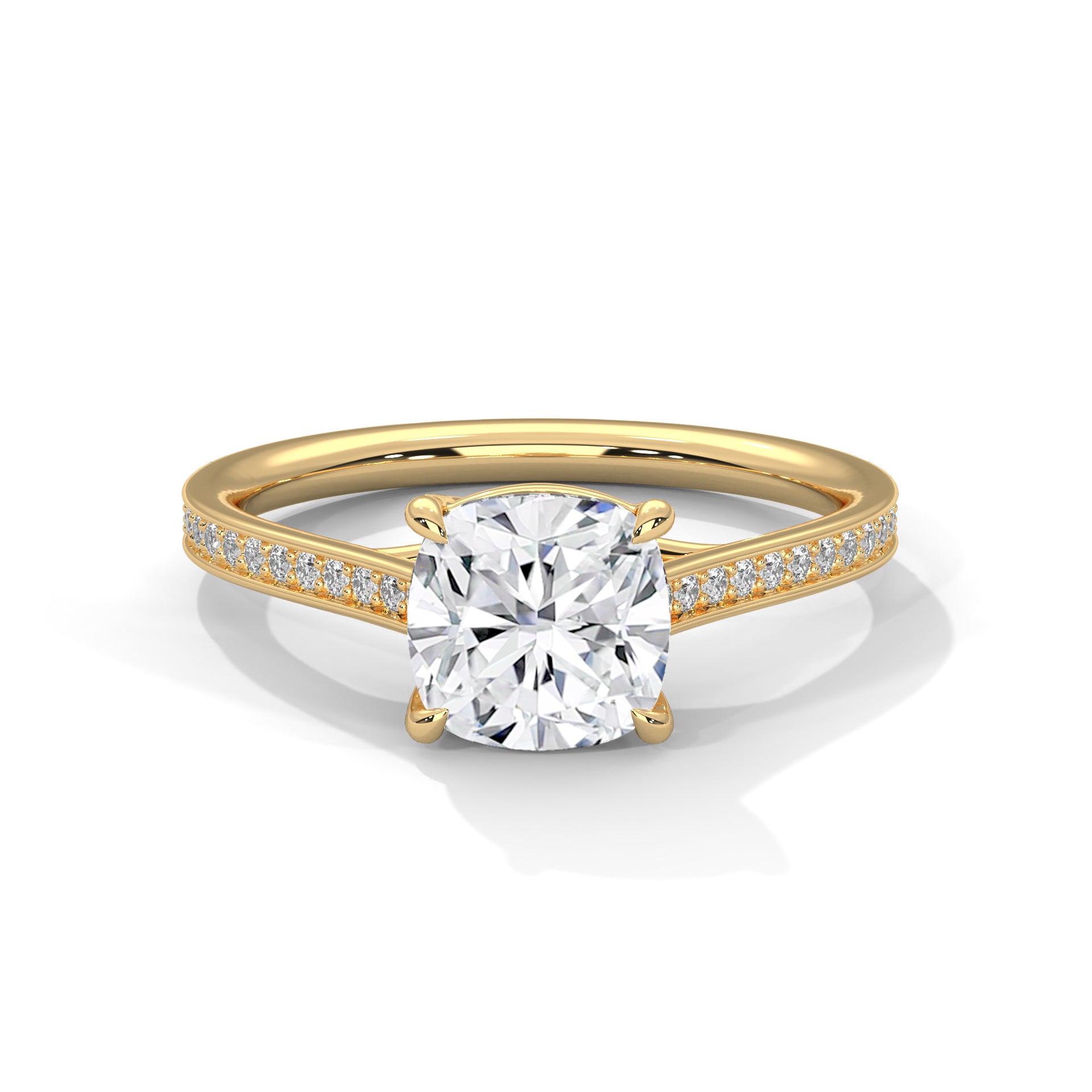 1–3 Carat Cushion Cut Lab Grown Diamond Solitaire Ring with Pavé Diamond Band – Four Prong Setting in 18K Gold