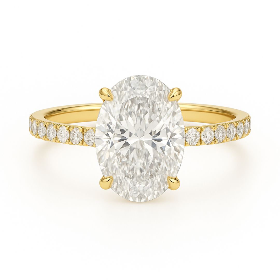 5 Carat Oval Lab Grown Diamond Solitaire Ring | Hidden Halo & Pave Setting | 18K White, Yellow, or Rose Gold