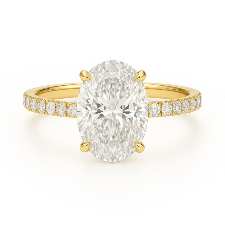 5 Carat Oval Lab Grown Diamond Ring | Hidden Halo & Pave Setting | 18K White, Yellow, or Rose Gold