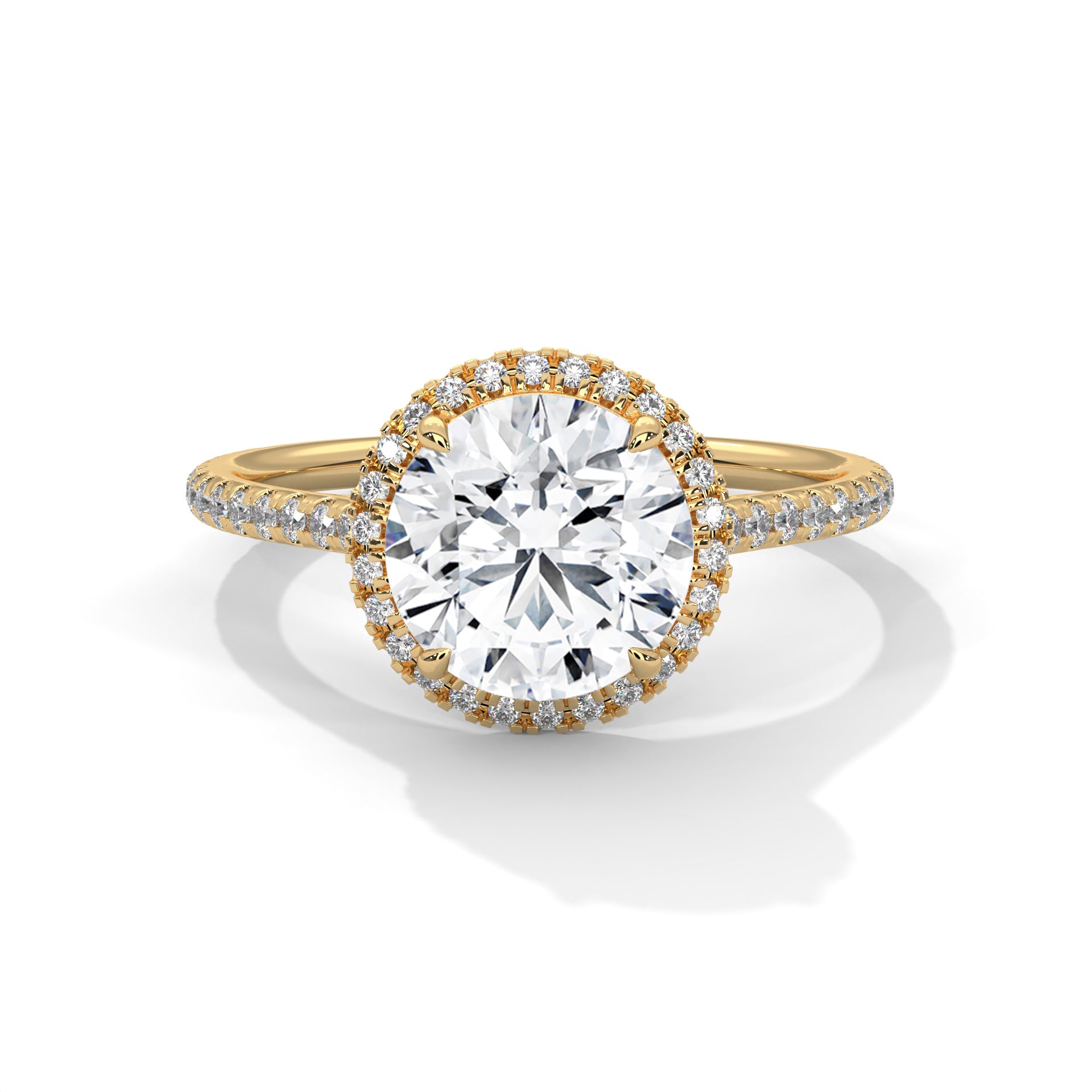 1–3 Carat Round Lab Grown Solitaire Diamond Halo Ring with Pavé Band – Four Prong Setting in 18K Gold