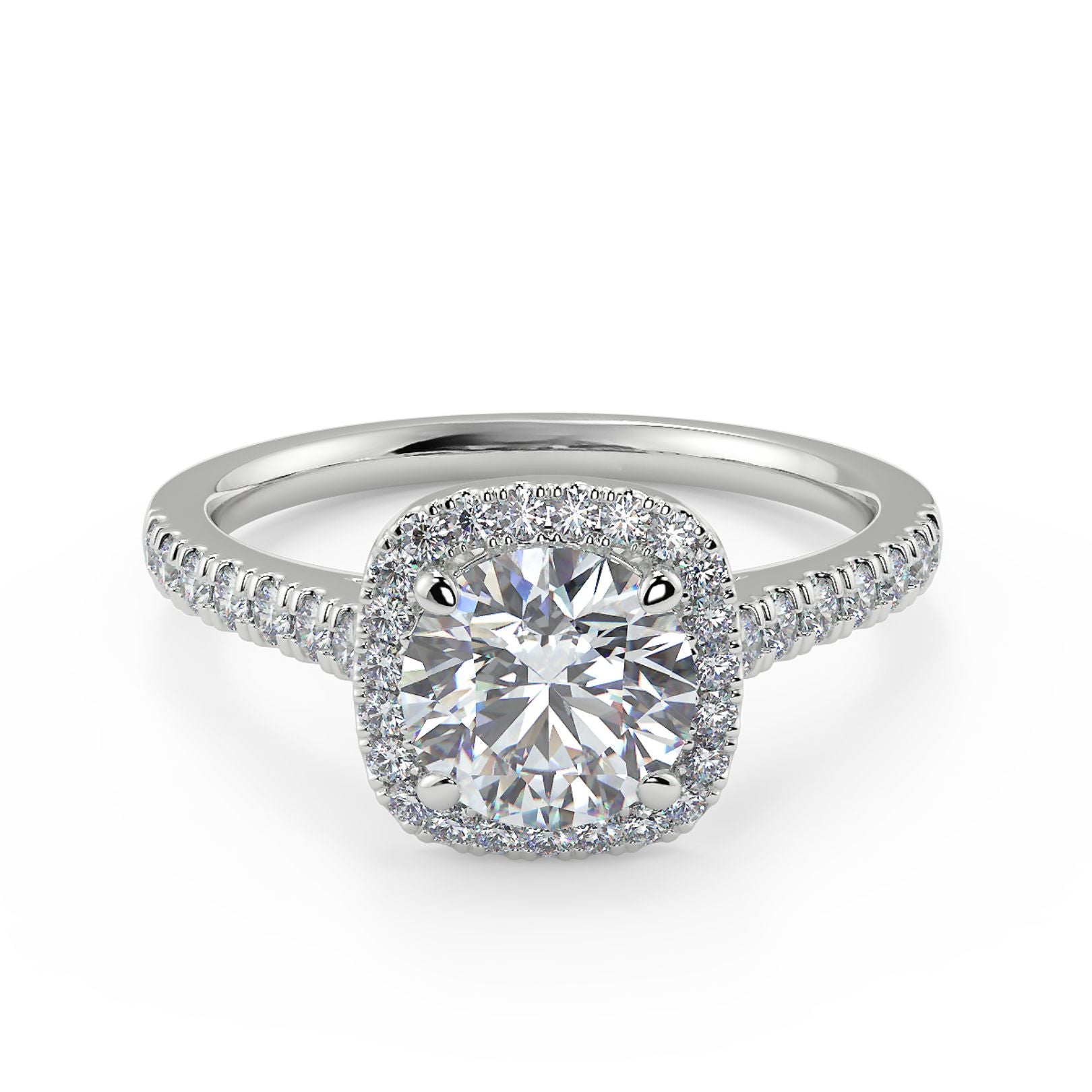 1–2 Carat Round Lab Grown Diamond Solitaire Cushion Halo Ring | Pavé Band | IGI Certified | 18K White Gold