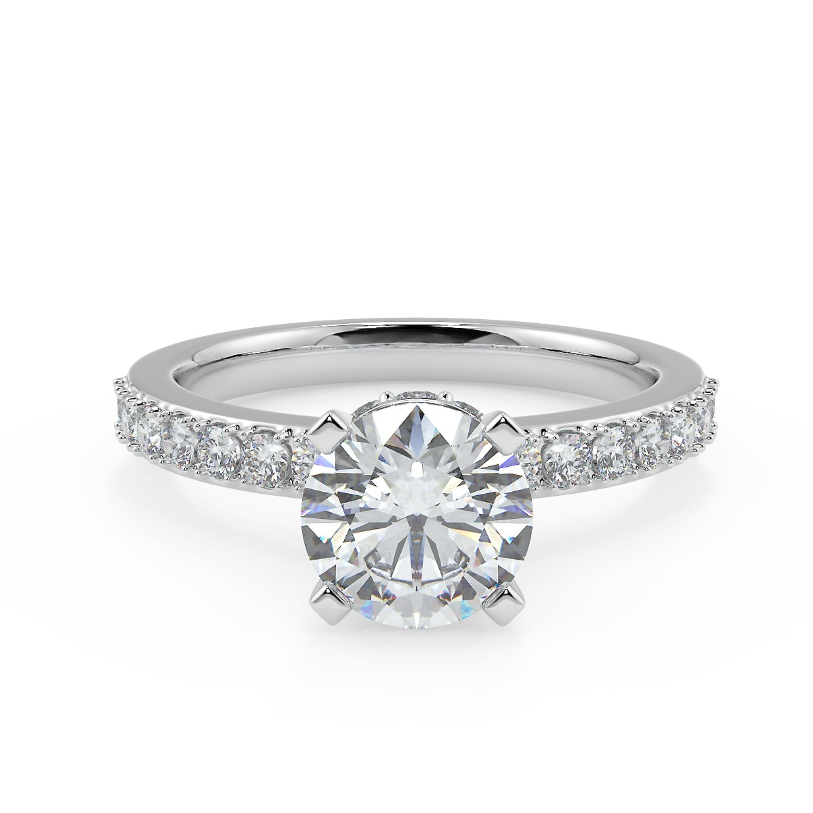 1–2 Carat Round Lab Grown Diamond Solitaire Ring | Pavé Band | IGI Certified | 18K White Gold