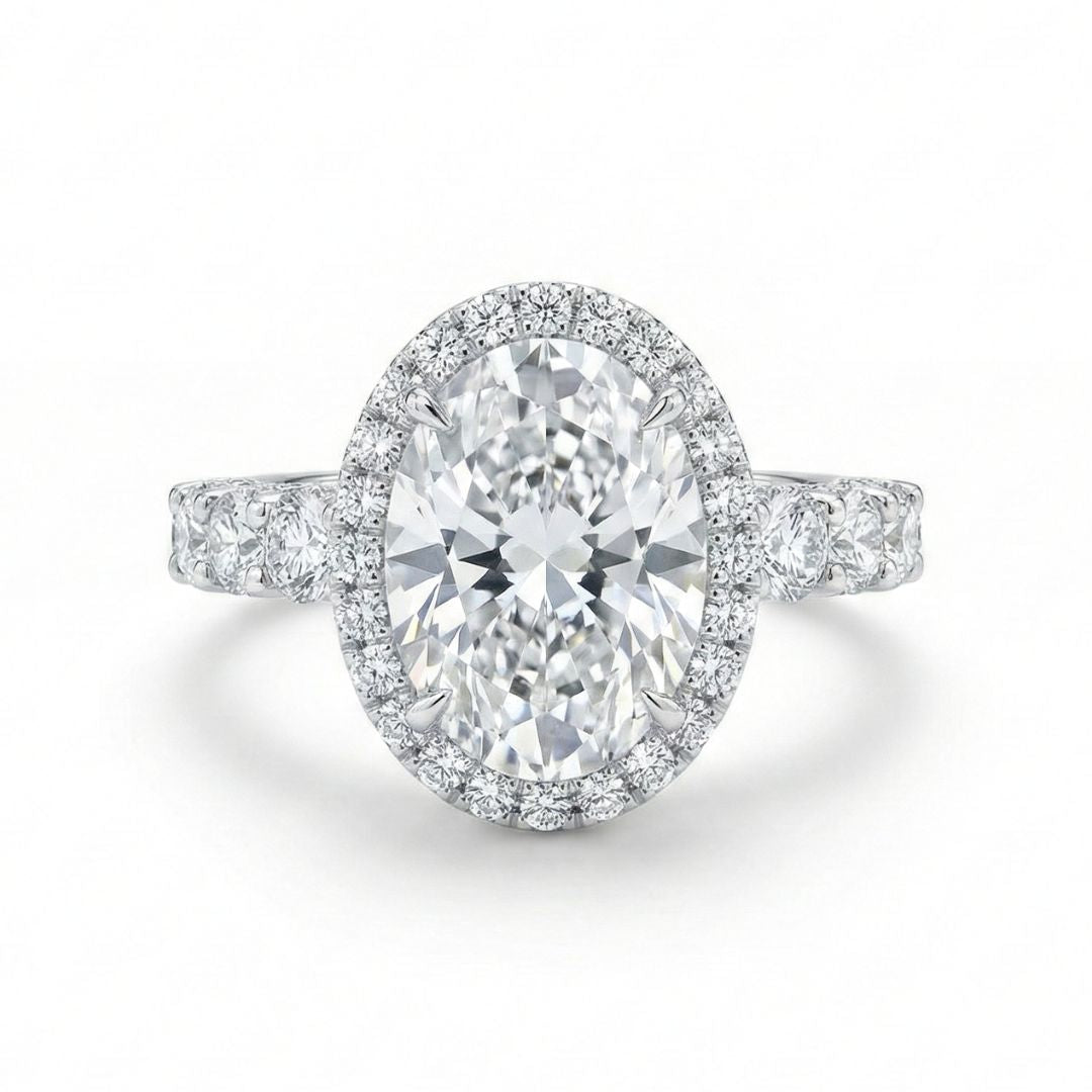 5 Carat Oval Lab Grown Diamond Ring in 18K Gold | Hidden Halo + Halo + Pavé | Solitaire