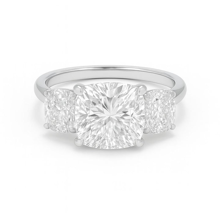 3.00ct Cushion Cut Solitaire Lab Grown Diamond Ring with 2.00ct Cushion Side Stones – Three Stone Engagement Ring