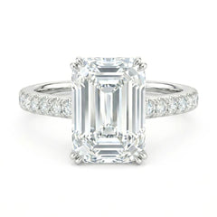 7 Carat Emerald Cut Lab Grown Diamond Solitaire Ring | Hidden Halo & Pavé Band | IGI Certified | 18K White, Yellow & Rose Gold