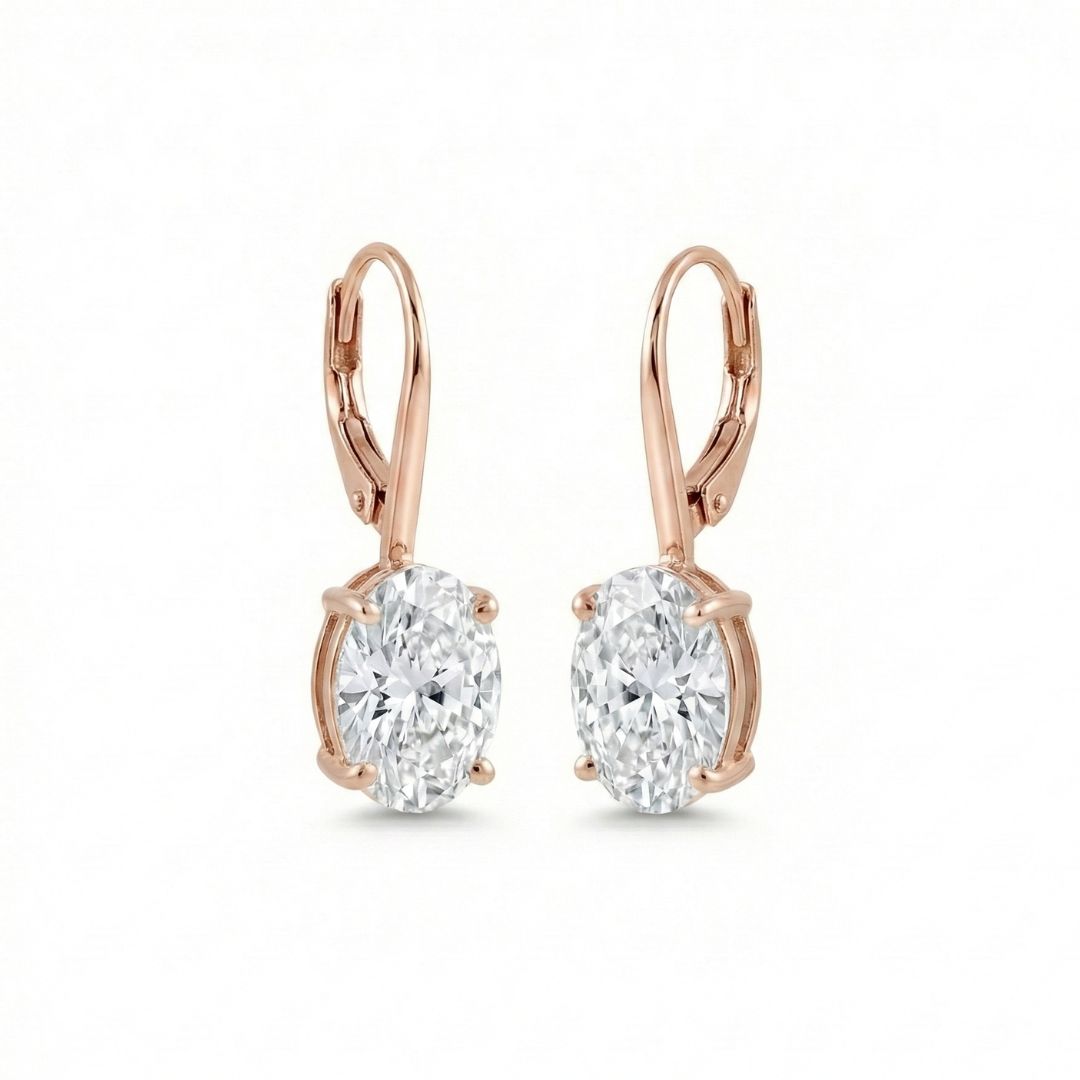 2–3 Carat Each Oval Lab Grown Diamond Drop Earrings | Lever Back Setting | 18K White, Yellow & Rose Gold