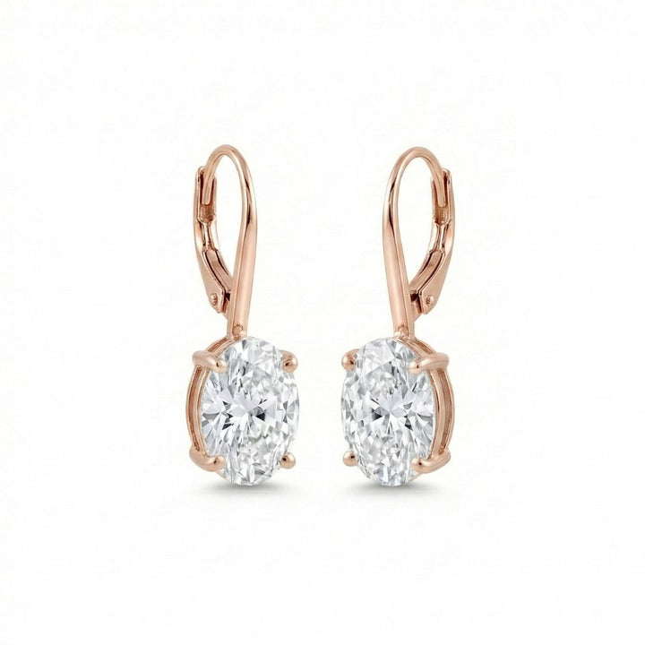 2–3 Carat Each Oval Lab Grown Diamond Drop Earrings | Lever Back Setting | 18K White, Yellow & Rose Gold