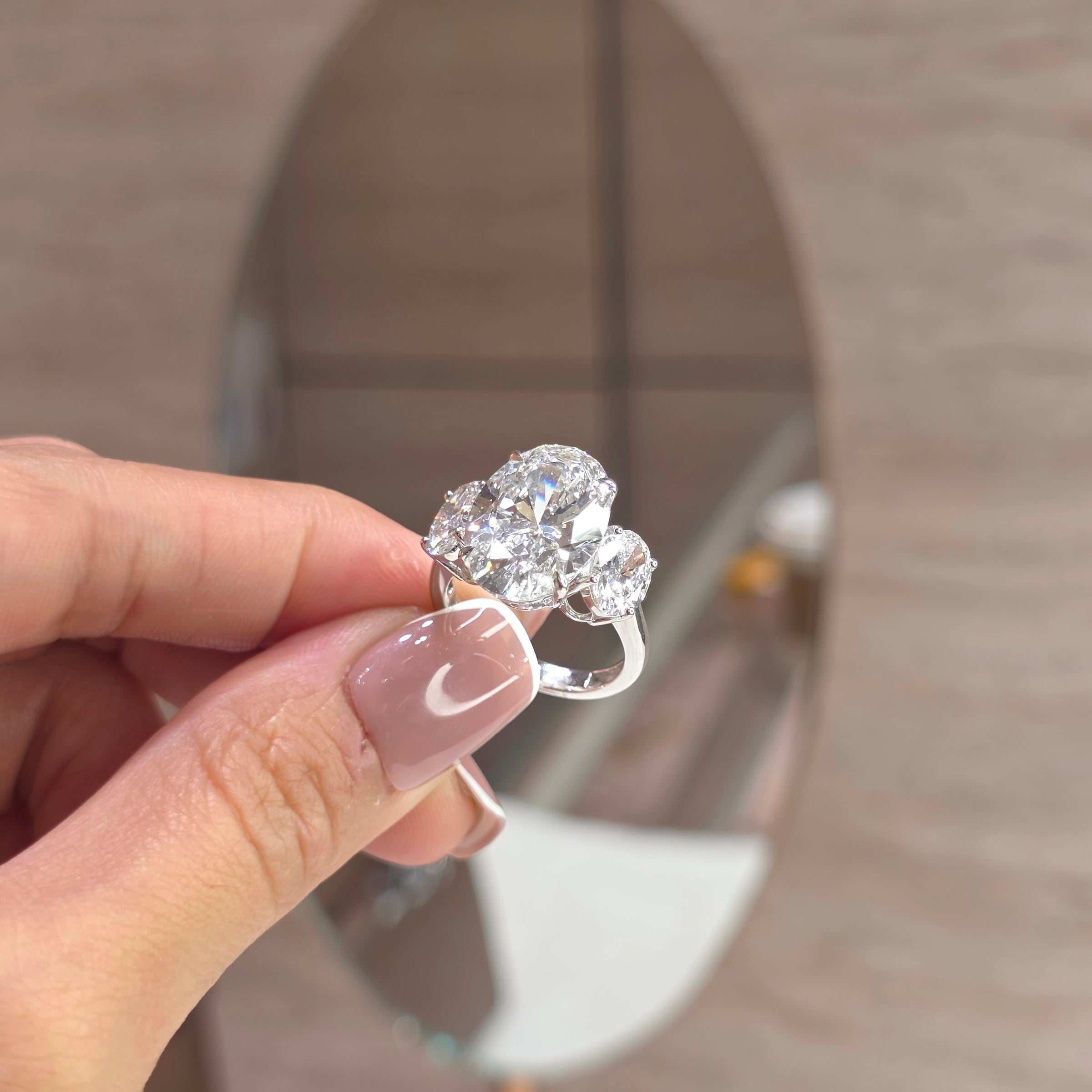Aurora - 8 Carat Oval Lab-Grown Diamond Solitaire Trilogy Ring with 2 Carat Oval Side Diamonds – 18K Gold