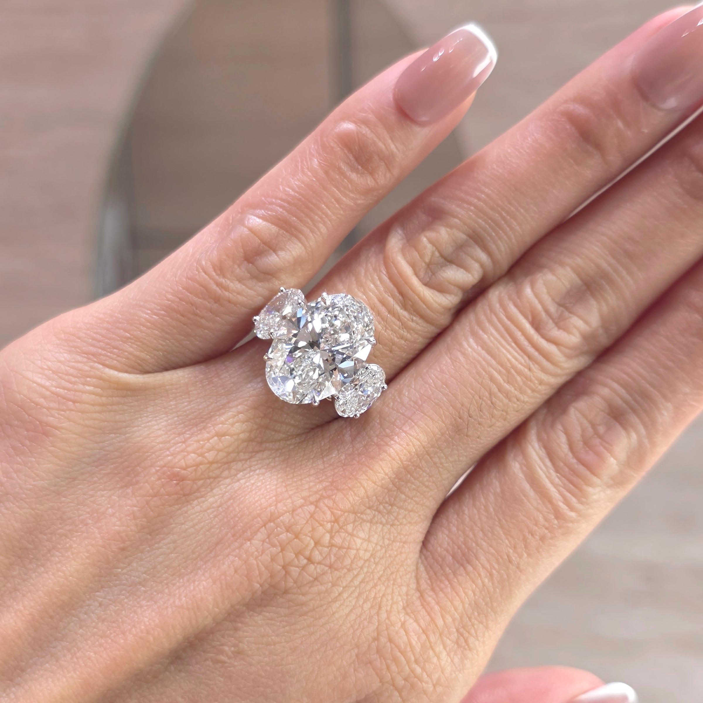 Aurora - 8 Carat Oval Lab-Grown Diamond Solitaire Trilogy Ring with 2 Carat Oval Side Diamonds – 18K Gold
