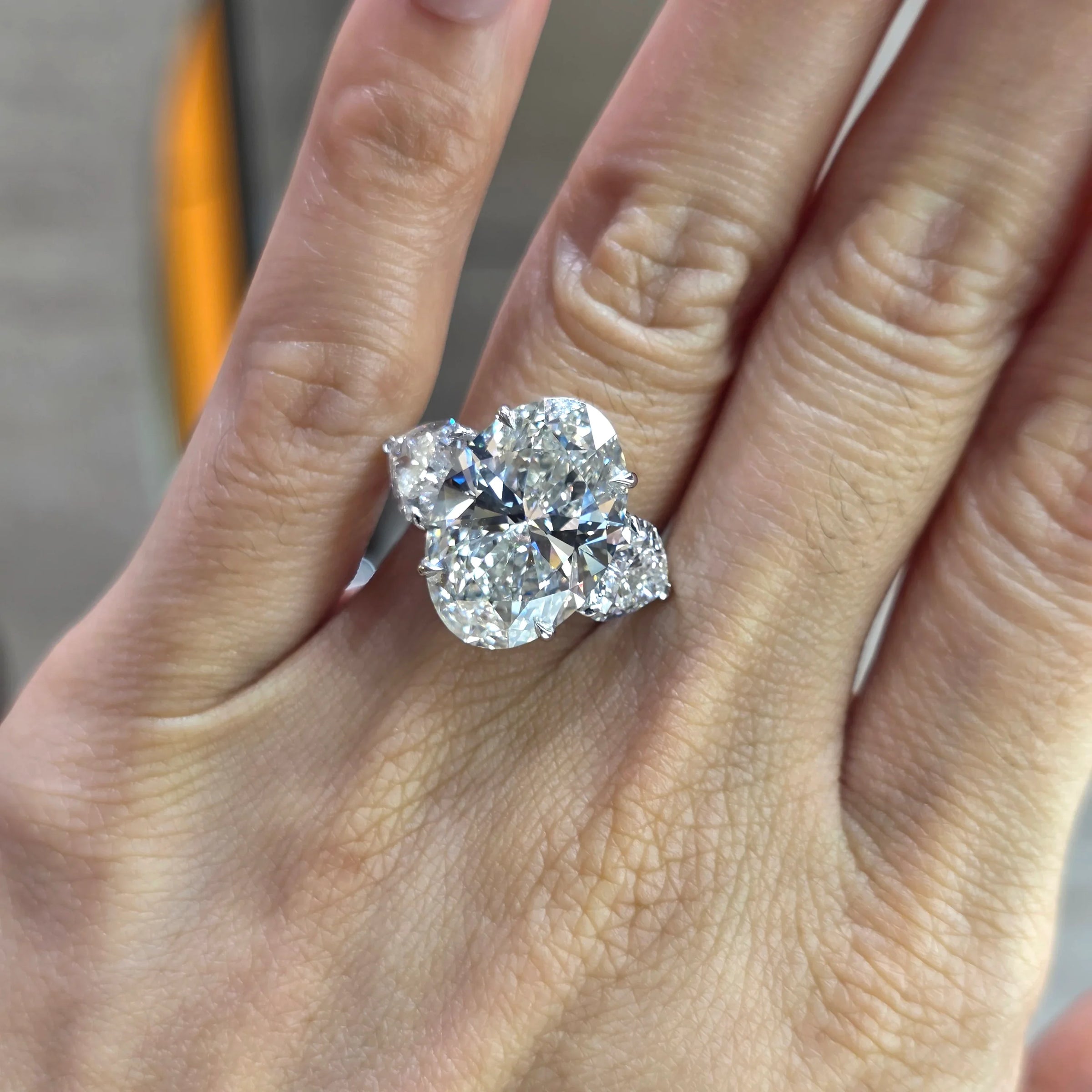 Love Struck - 10 Carat Oval Lab-Grown Diamond Solitaire Trilogy Ring with 2 Carat Heart Side Diamonds & Pavé Band – 18K Gold