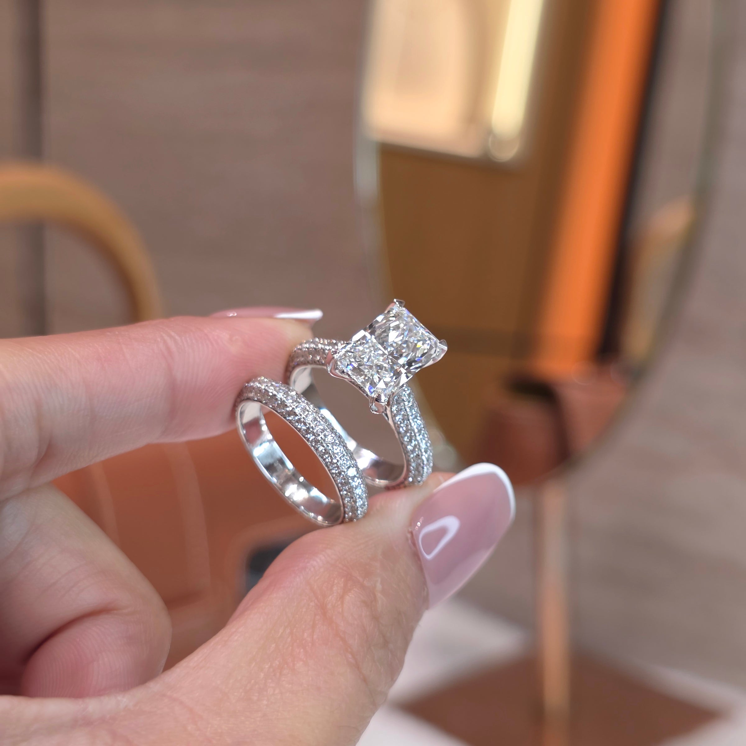 Grace Stack - 1–3 Carat Radiant Cut Lab-Grown Diamond Solitaire Stack Engagement Ring with Hidden Halo, Triple Row Pave Setting & Triple Row Wedding Band in 18K Gold