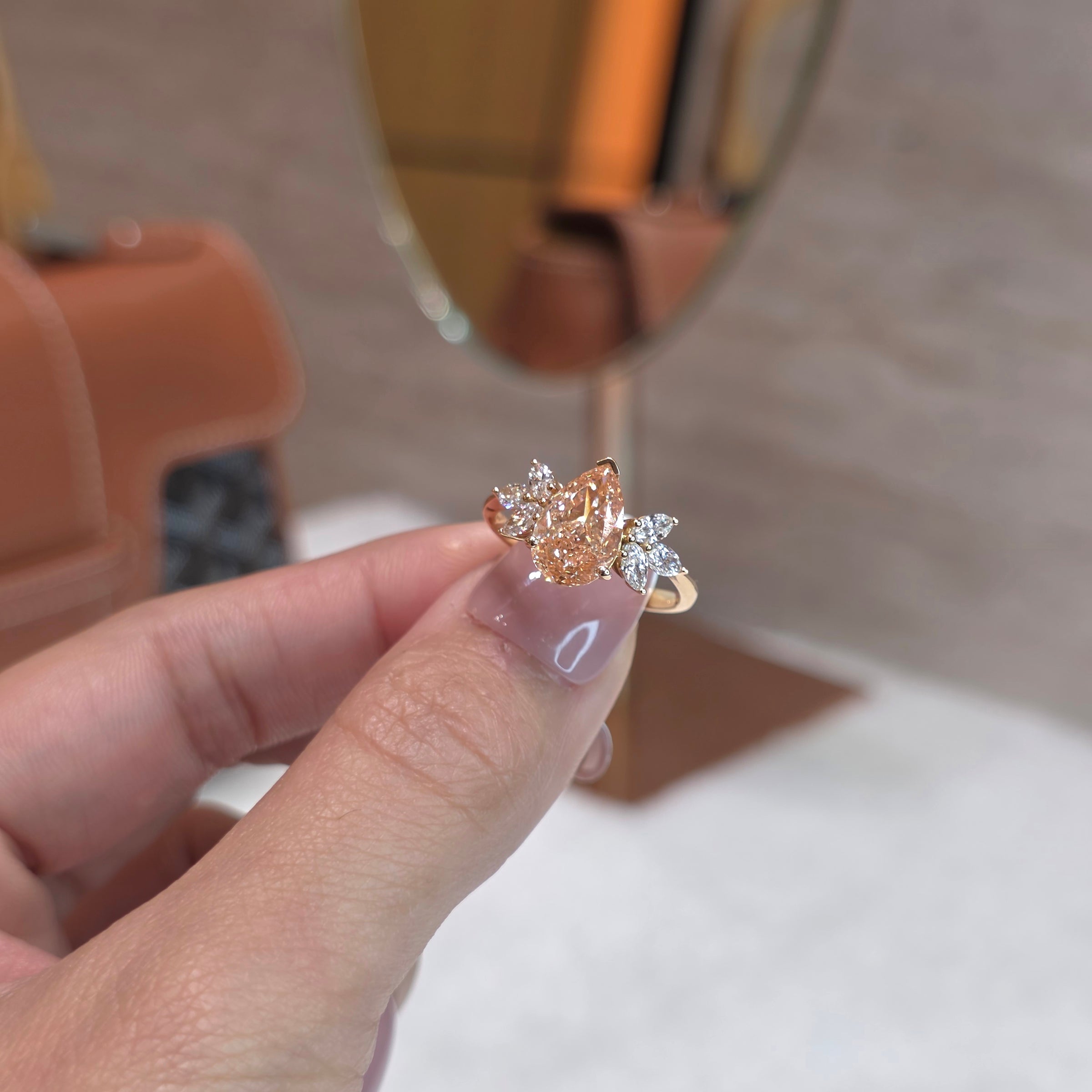 Ambre - 2 Carat Fancy Pink Orange Pear Lab-Grown Diamond Solitaire Ring with Marquise Side Diamonds – 18K Gold