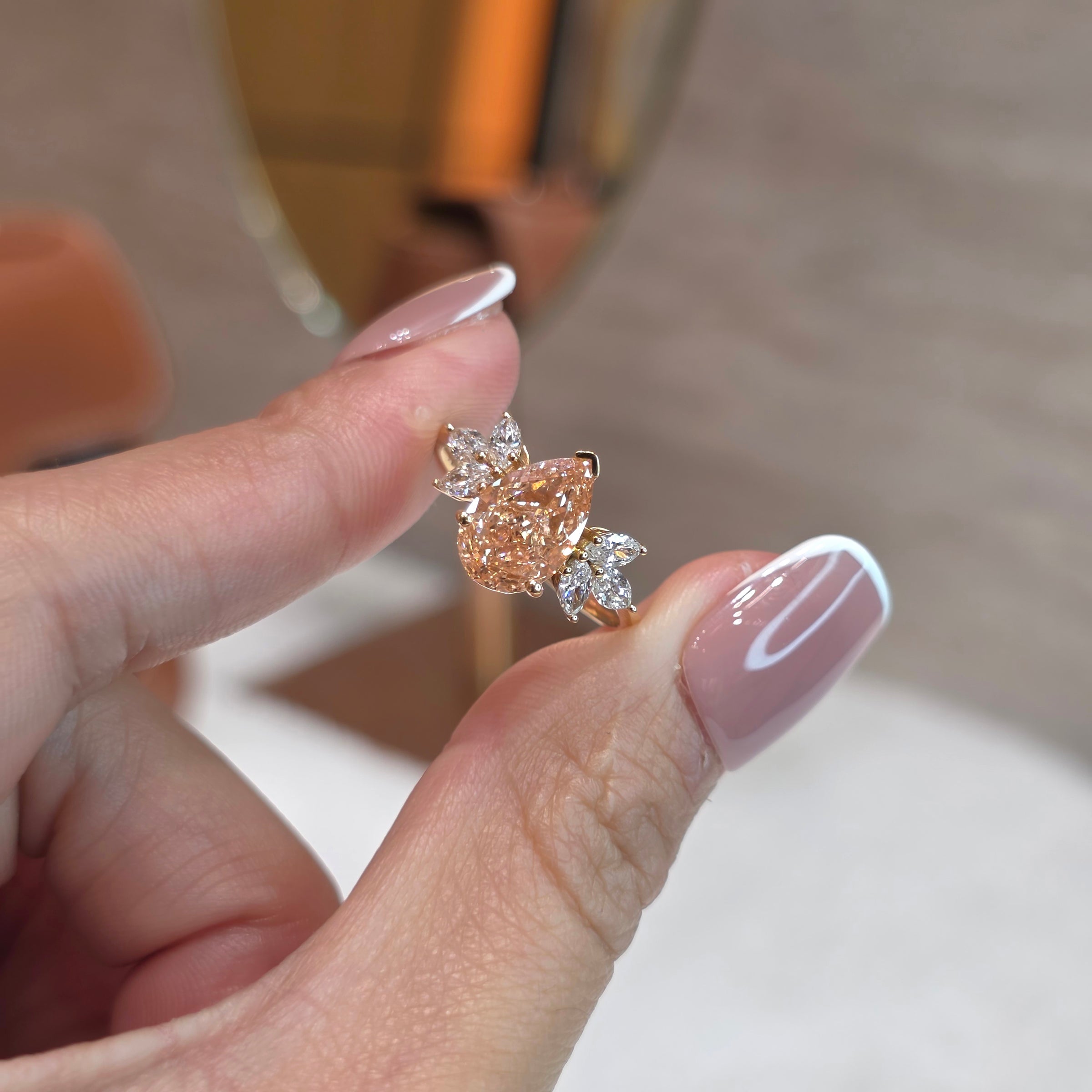 Ambre - 2 Carat Fancy Pink Orange Pear Lab-Grown Diamond Solitaire Ring with Marquise Side Diamonds – 18K Gold