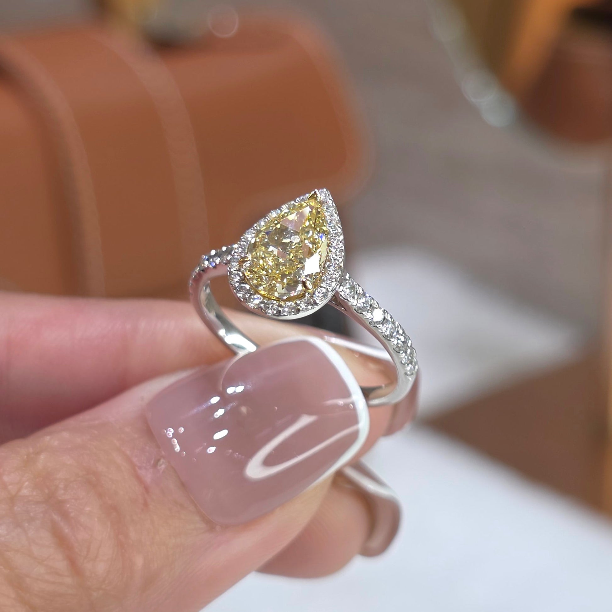 1.5 Carat Pear Lab-Grown Diamond Solitaire Ring – Fancy Yellow Diamond with Halo & Pavé Band in 18K Gold