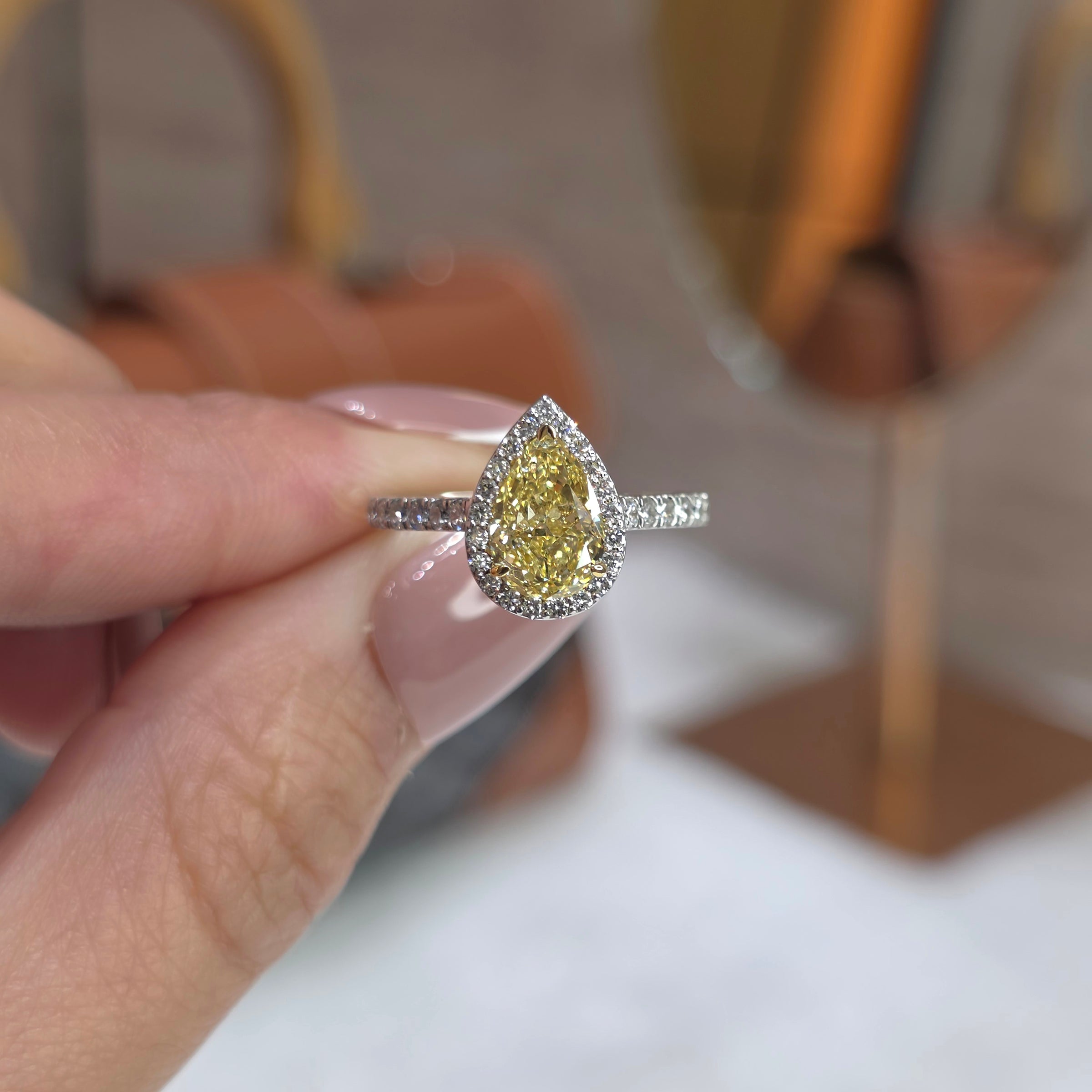 1.5 Carat Pear Lab-Grown Diamond Solitaire Ring – Fancy Yellow Diamond with Halo & Pavé Band in 18K Gold