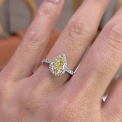 1.5 Carat Pear Lab-Grown Diamond Solitaire Ring – Fancy Yellow Diamond with Halo & Pavé Band in 18K Gold