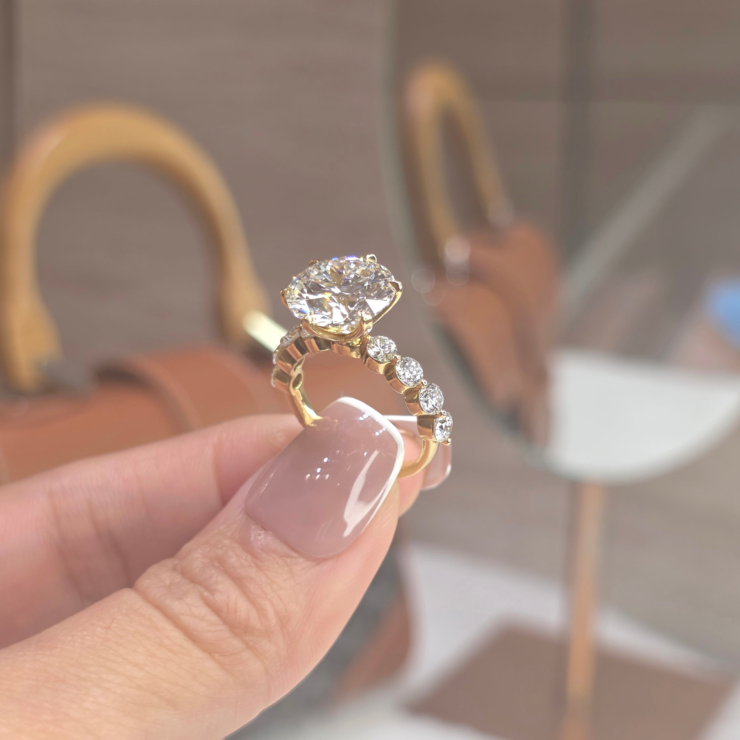 Odette - 5 Carat Round Lab-Grown Diamond Solitaire Ring with Large Pavé Band – 6 Prongs in 18K Gold