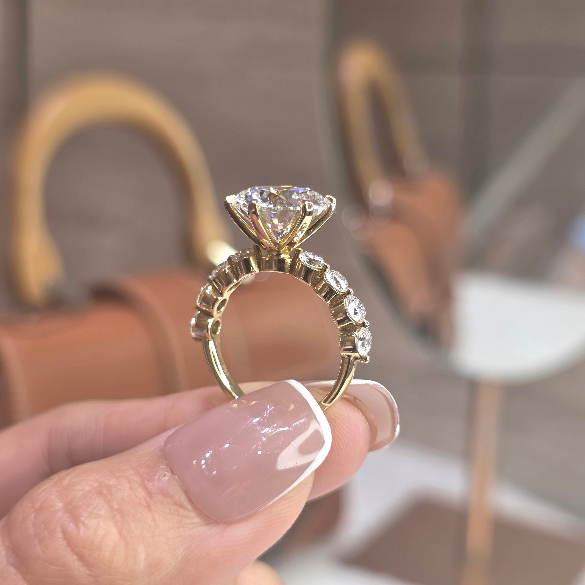 Odette - 5 Carat Round Lab-Grown Diamond Solitaire Ring with Large Pavé Band – 6 Prongs in 18K Gold