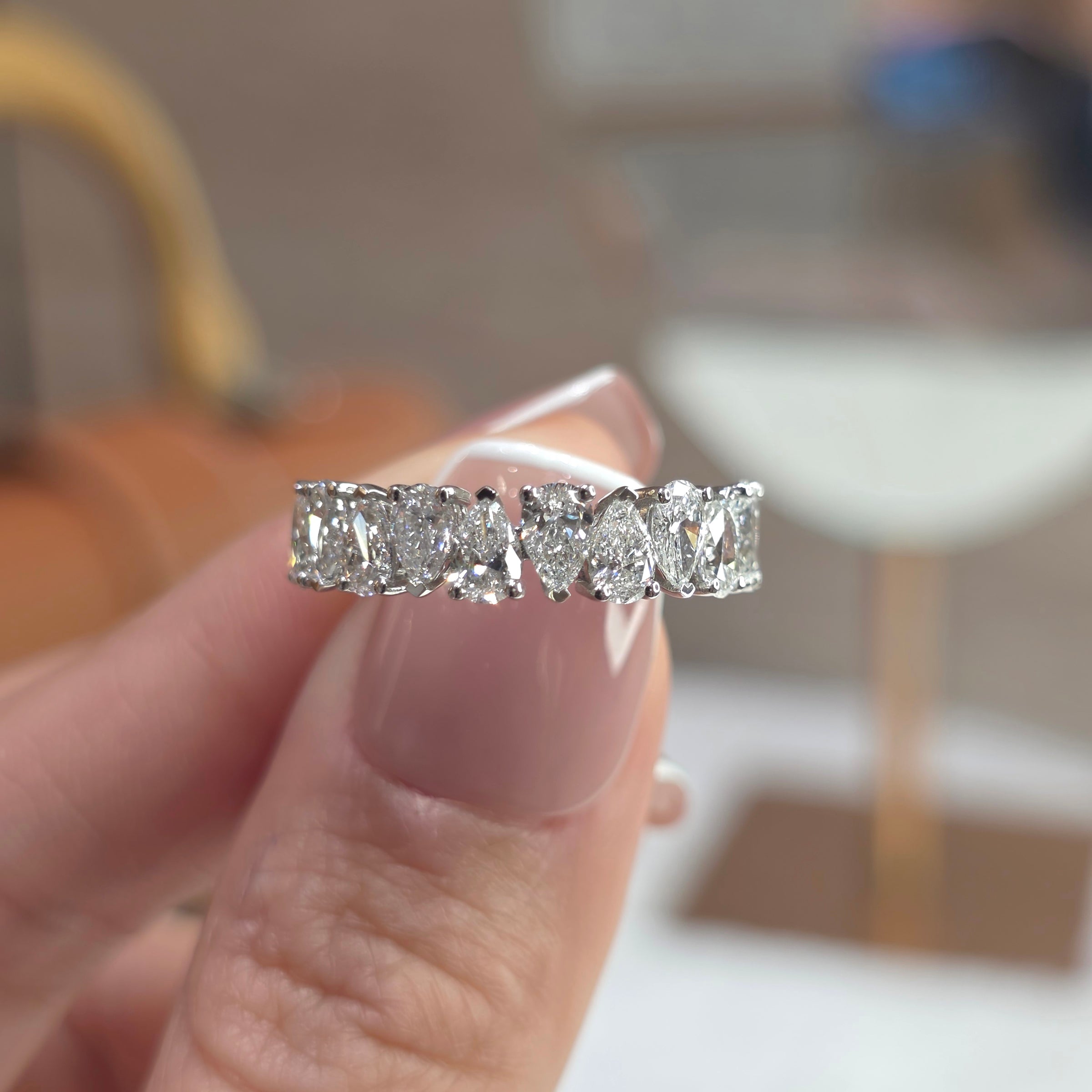 1.80 Carat Pear Cut Lab Diamond Half Eternity Band Ring with 0.15 Carat Each Diamond – 18K Gold