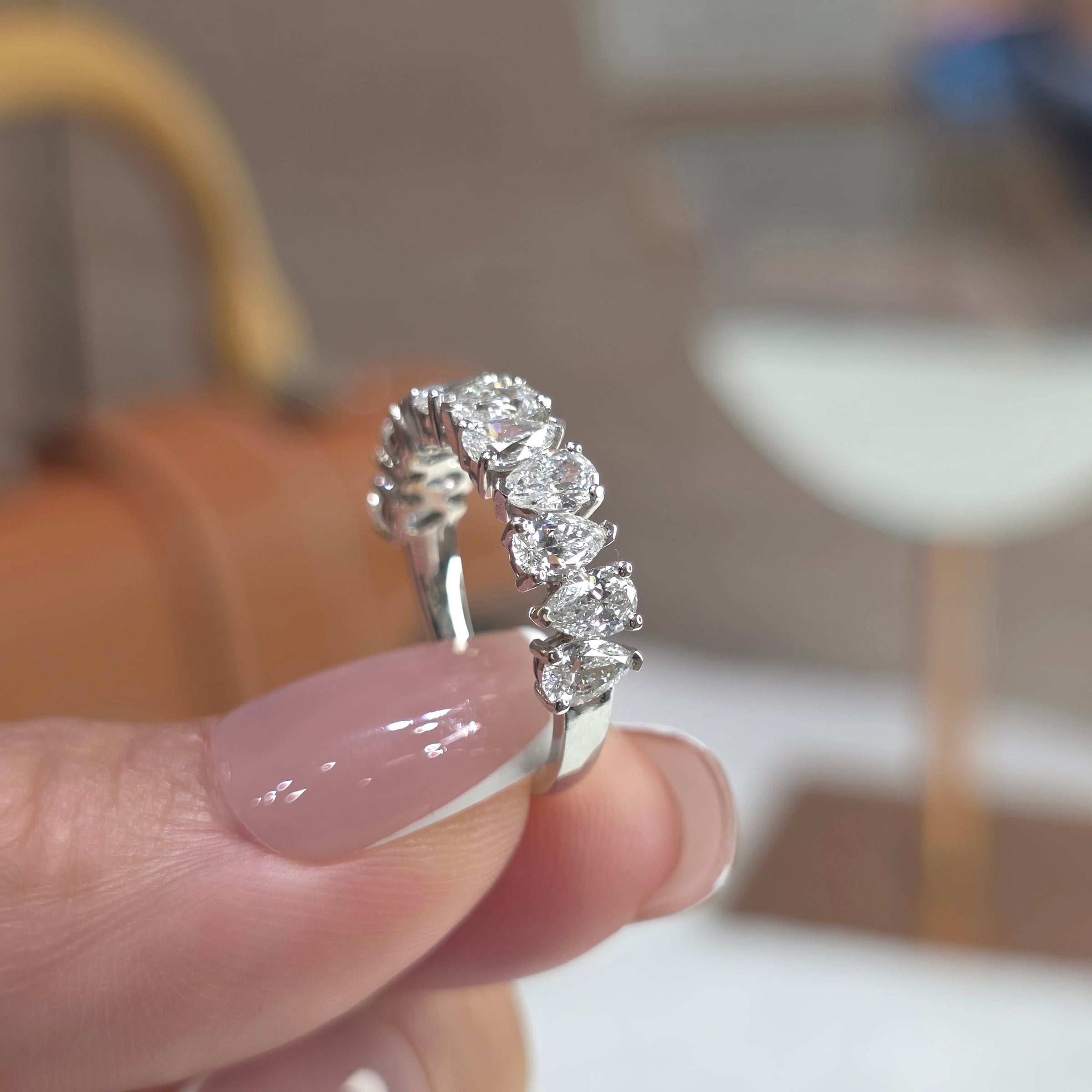 1.80 Carat Pear Cut Lab Diamond Half Eternity Band Ring with 0.15 Carat Each Diamond – 18K Gold