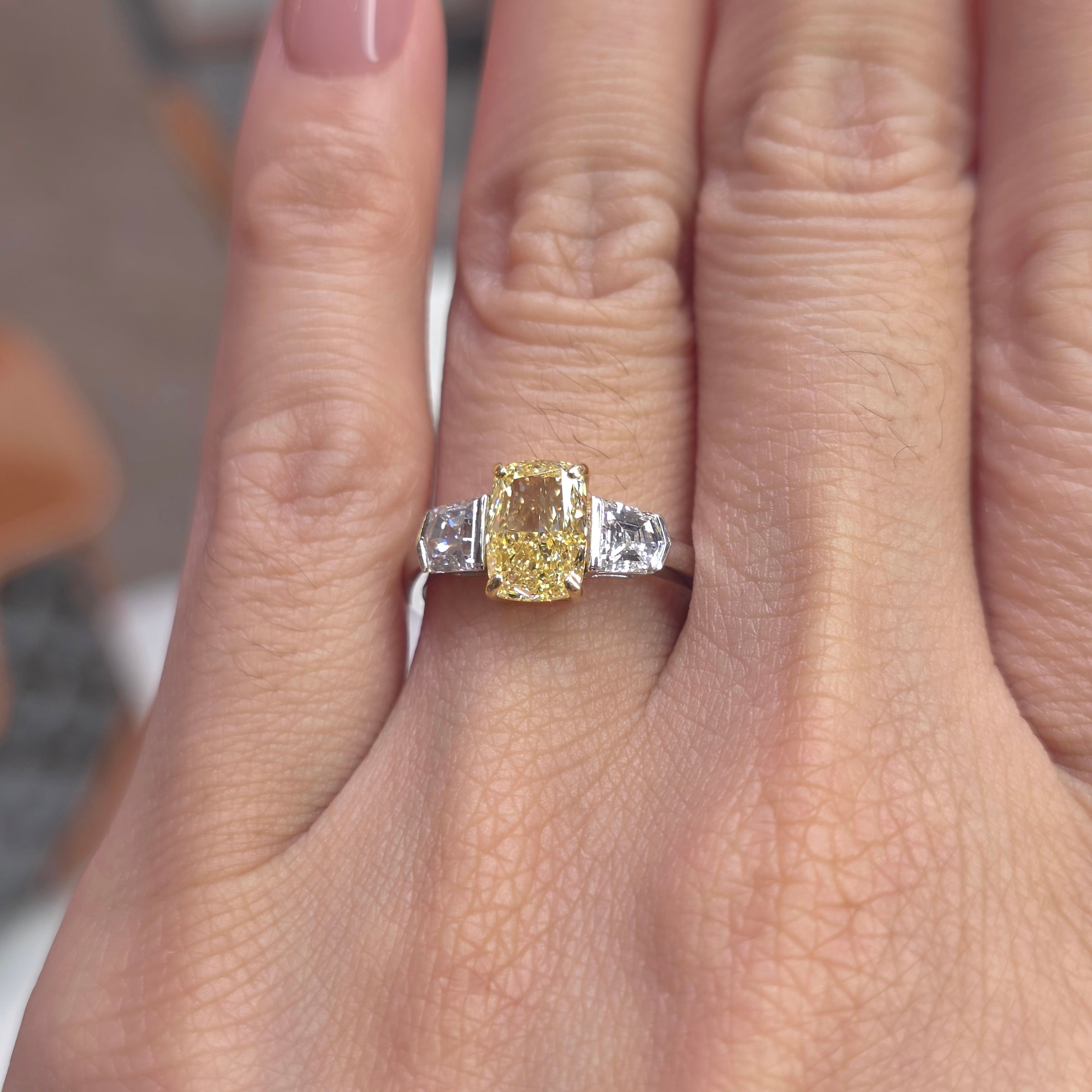 1.5 Carat Cushion Lab-Grown Diamond Trilogy Ring – Fancy Yellow Center Diamond with Epaulette Side Diamonds in 18K Gold