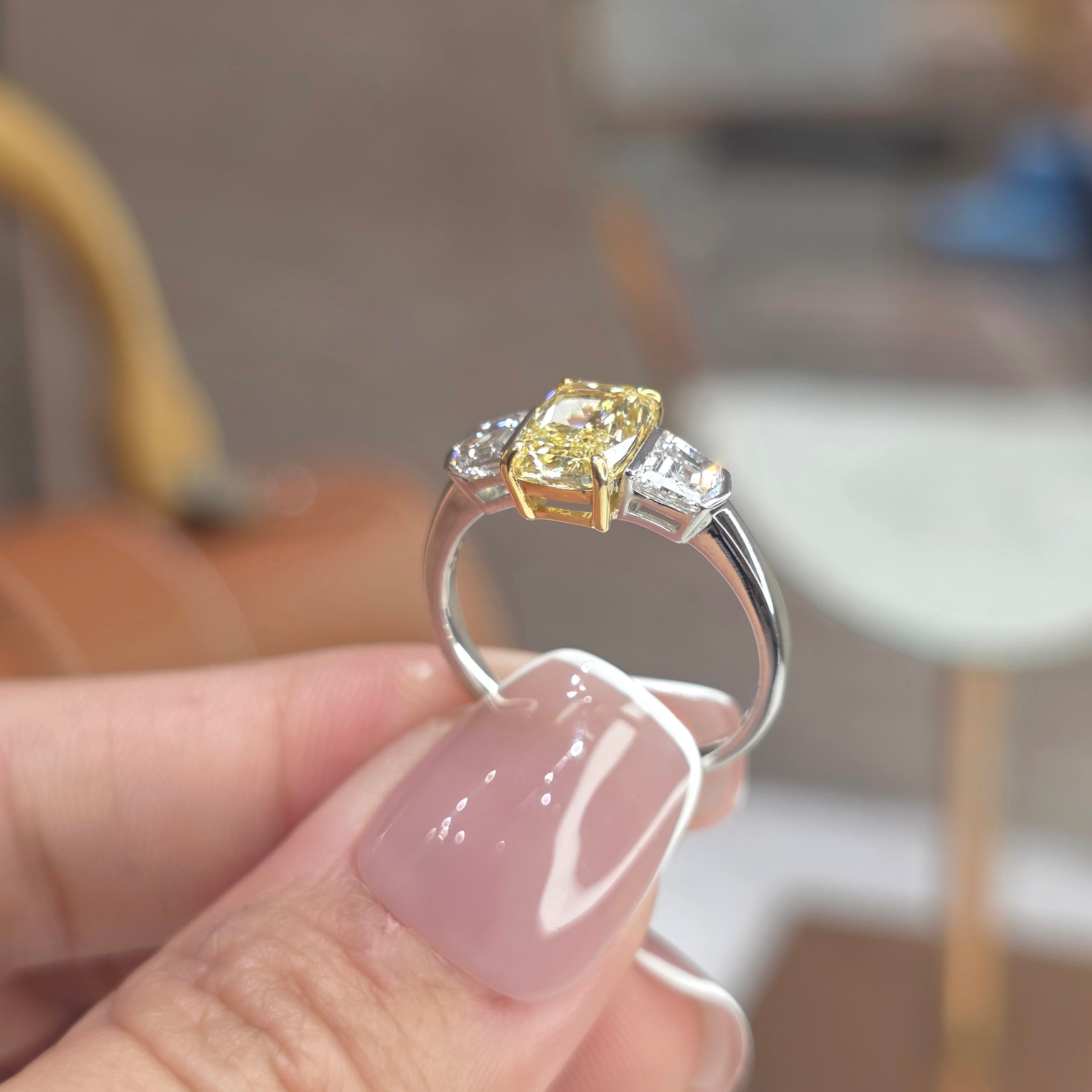 1.5 Carat Cushion Lab-Grown Diamond Trilogy Ring – Fancy Yellow Center Diamond with Epaulette Side Diamonds in 18K Gold