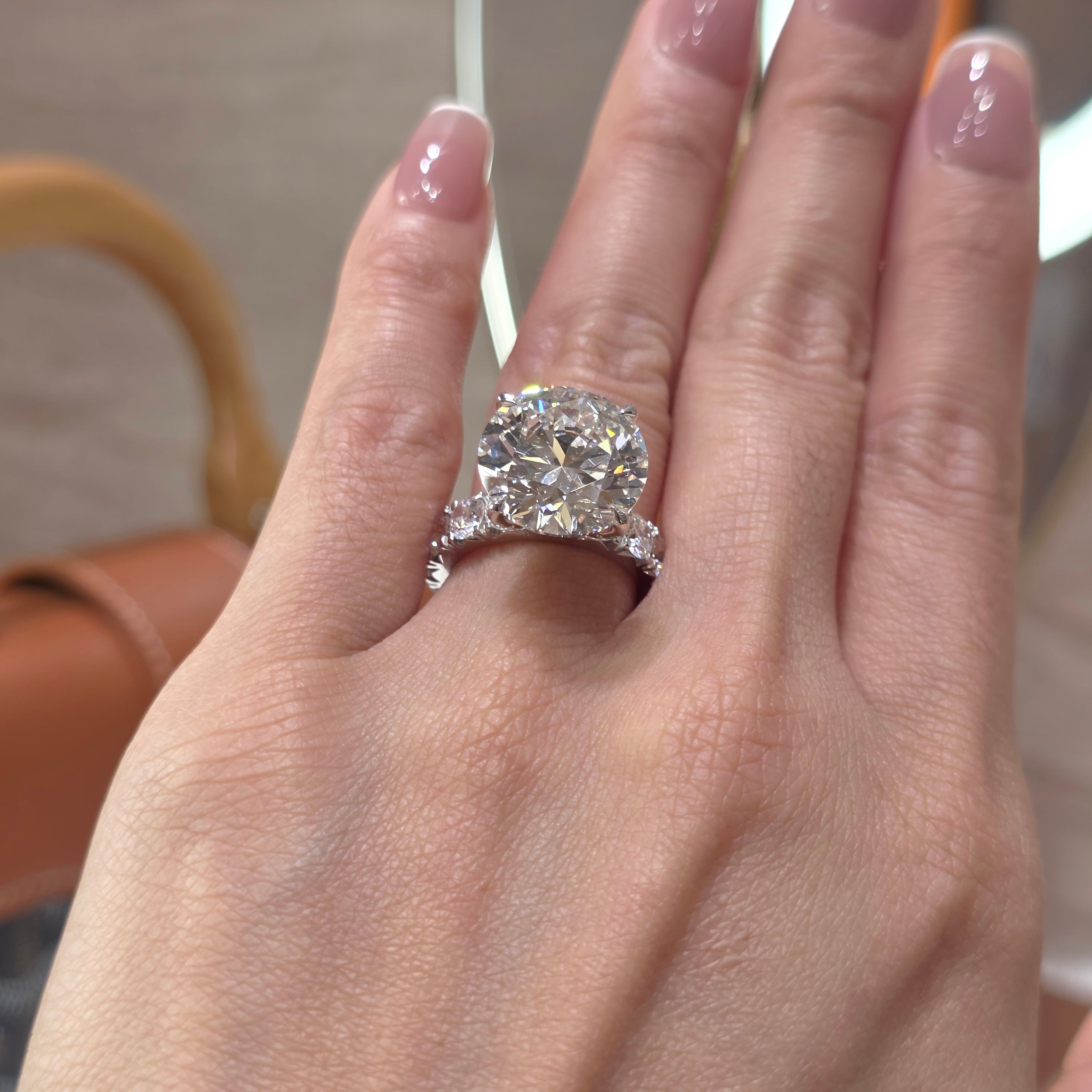 10 Carat Round Lab Grown Diamond Ring | Big Side Diamonds | Pavé Band & Diamond Crown | IGI Certified | 18K White, Yellow & Rose Gold