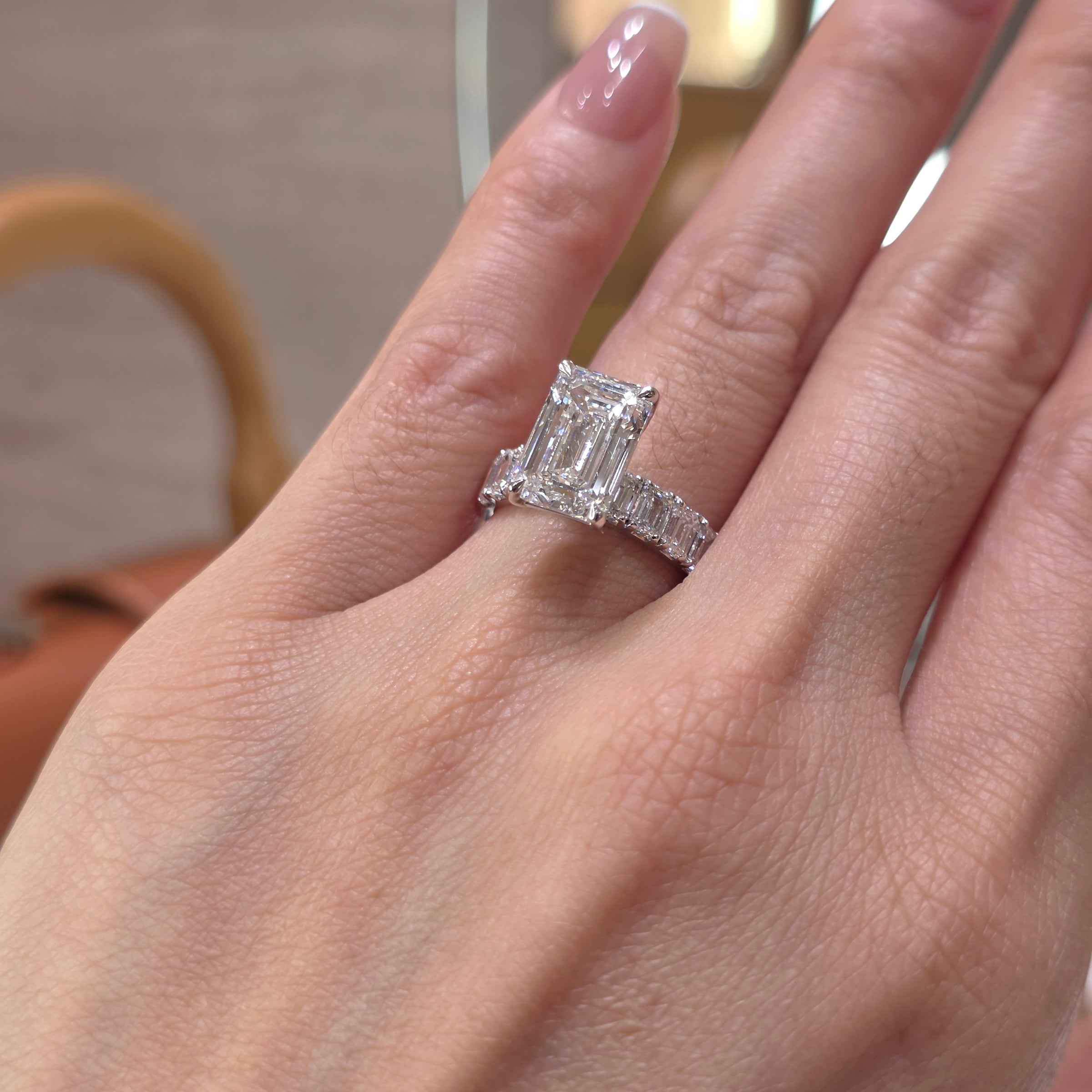 4 Carat Emerald Cut Lab Grown Diamond Solitaire Ring with Emerald Diamond Band in 18K Gold | Emerald Side Stones