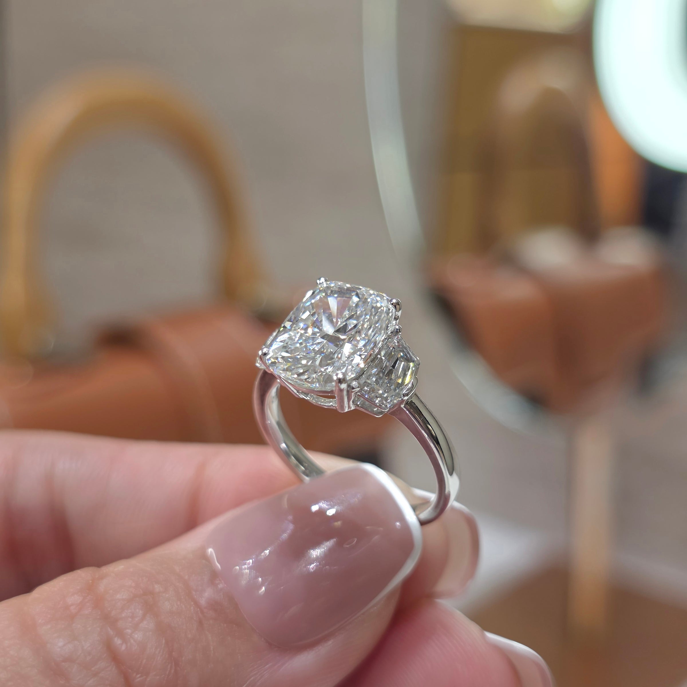 4 Carat Elongated Cushion Cut Lab Grown Diamond Trilogy Ring with Epaulette Side Stones in 18K Gold