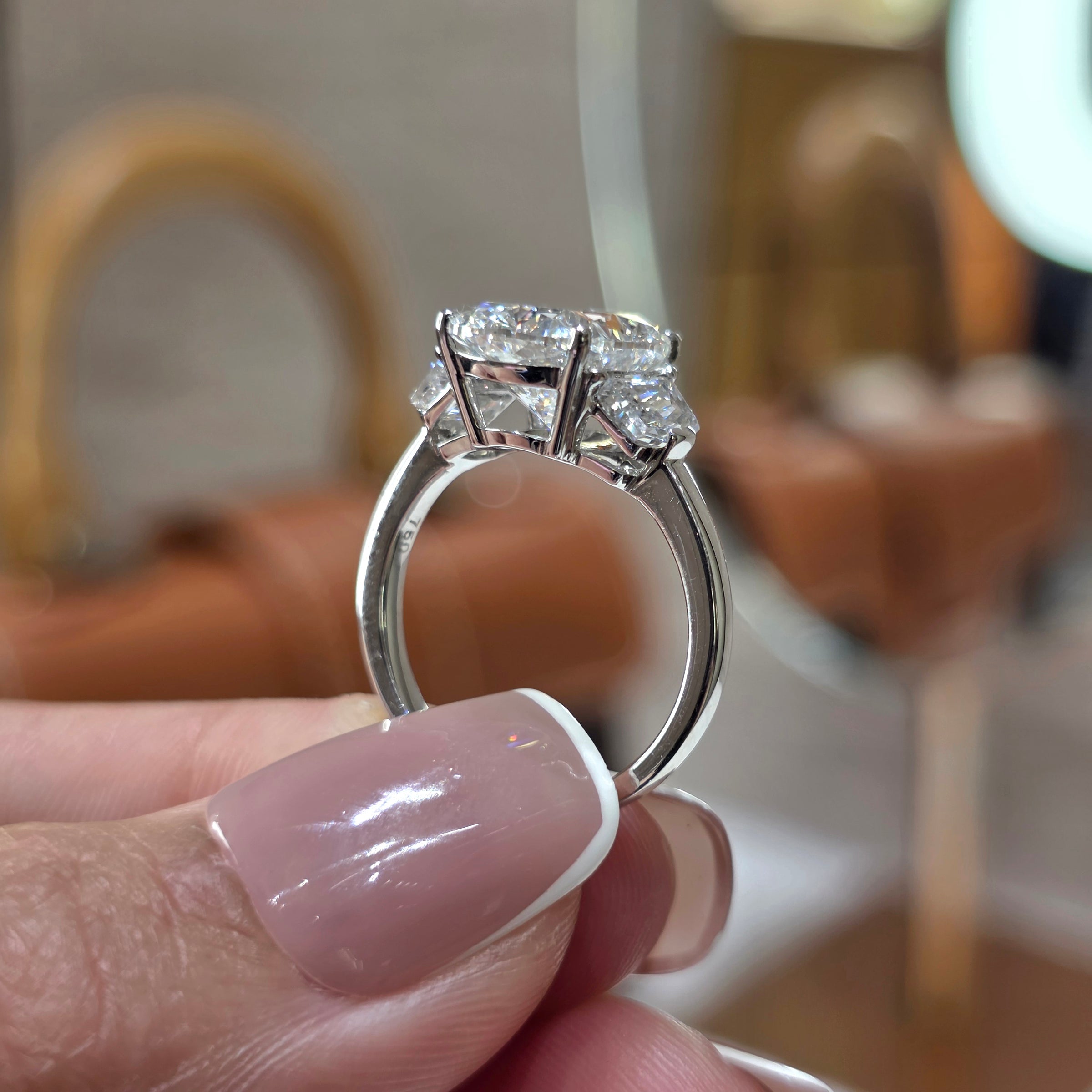 4 Carat Elongated Cushion Cut Lab Grown Diamond Trilogy Ring with Epaulette Side Stones in 18K Gold