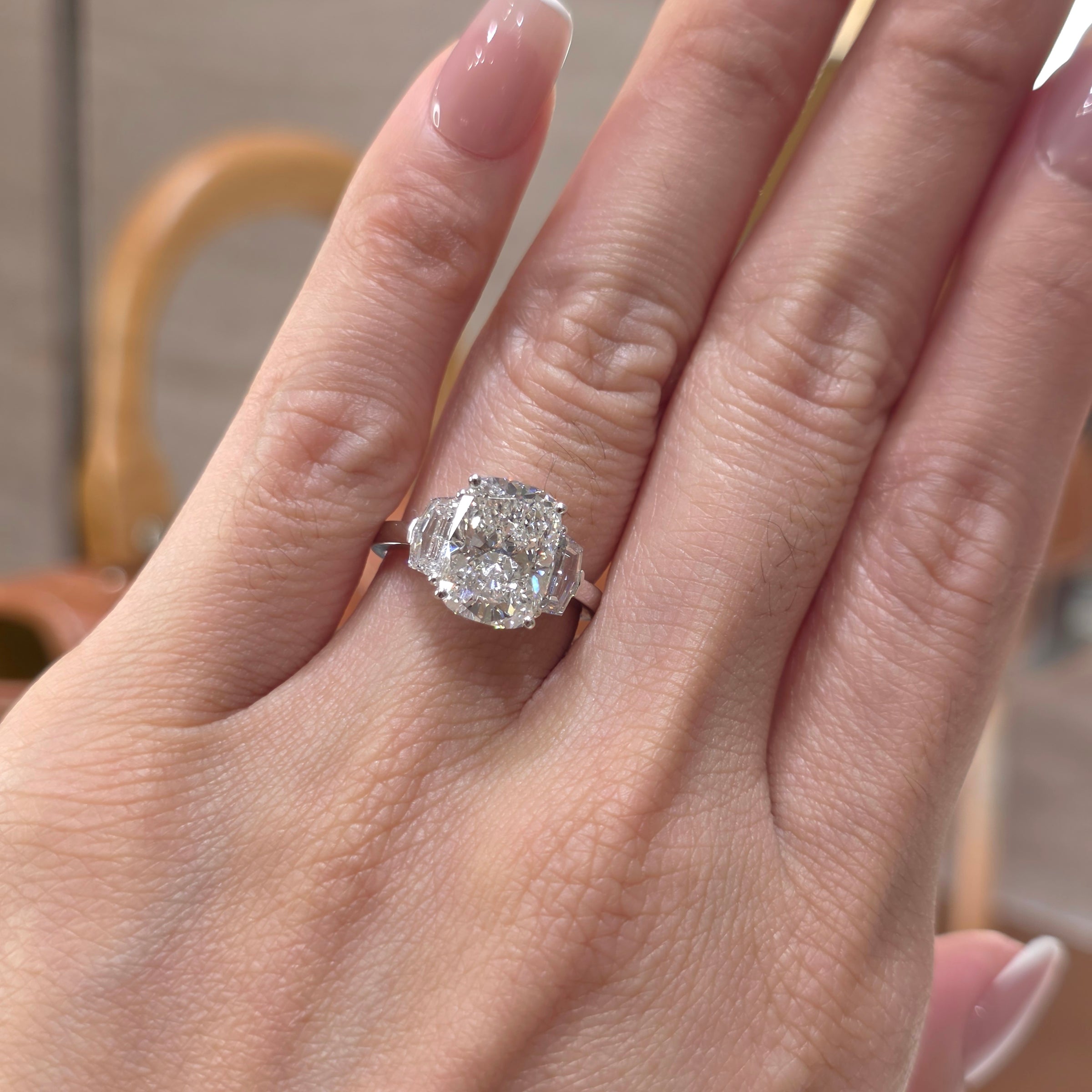 4 Carat Elongated Cushion Cut Lab Grown Diamond Trilogy Ring with Epaulette Side Stones in 18K Gold