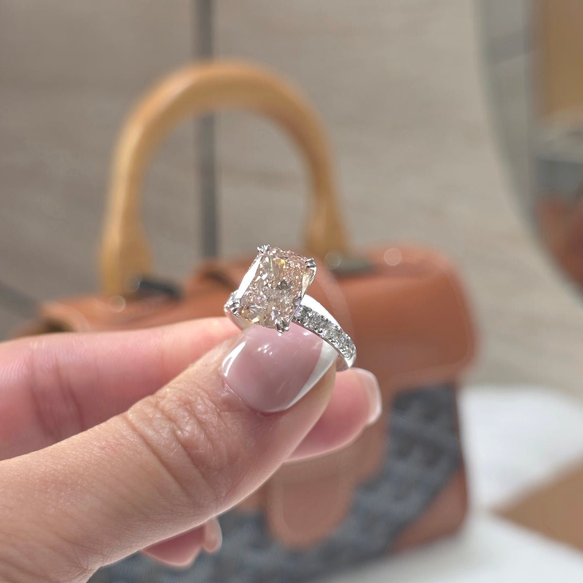 4 Carat Cushion Fancy Pink Lab-Grown Diamond Solitaire Engagement Ring with Pavé Band in Gold