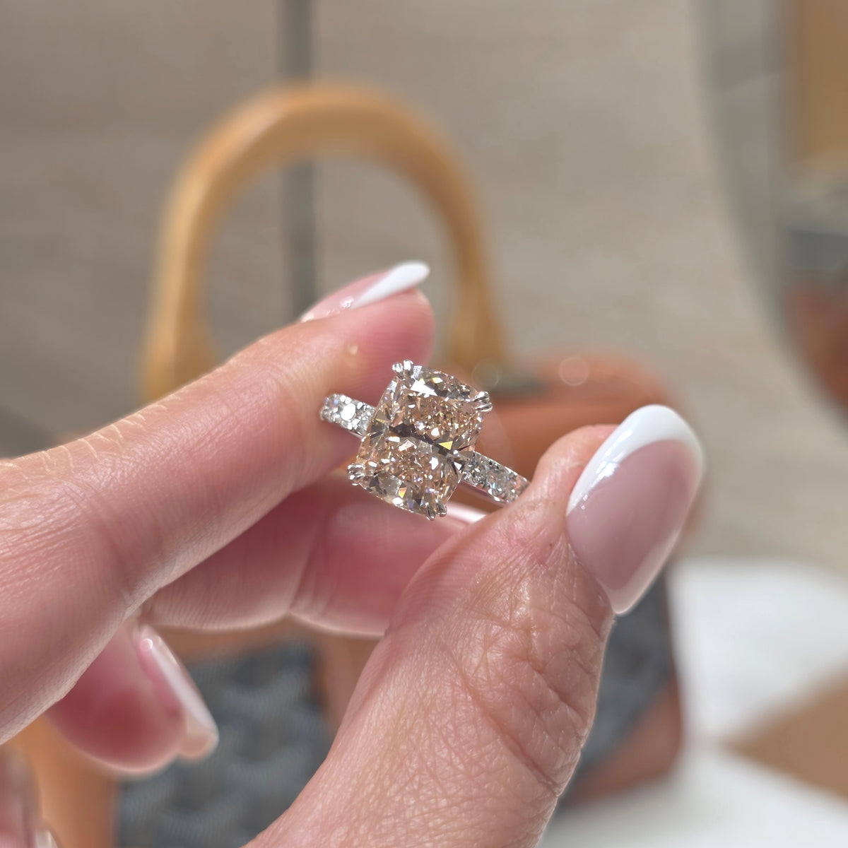 4 Carat Cushion Fancy Pink Lab-Grown Diamond Solitaire Engagement Ring with Pavé Band in Gold