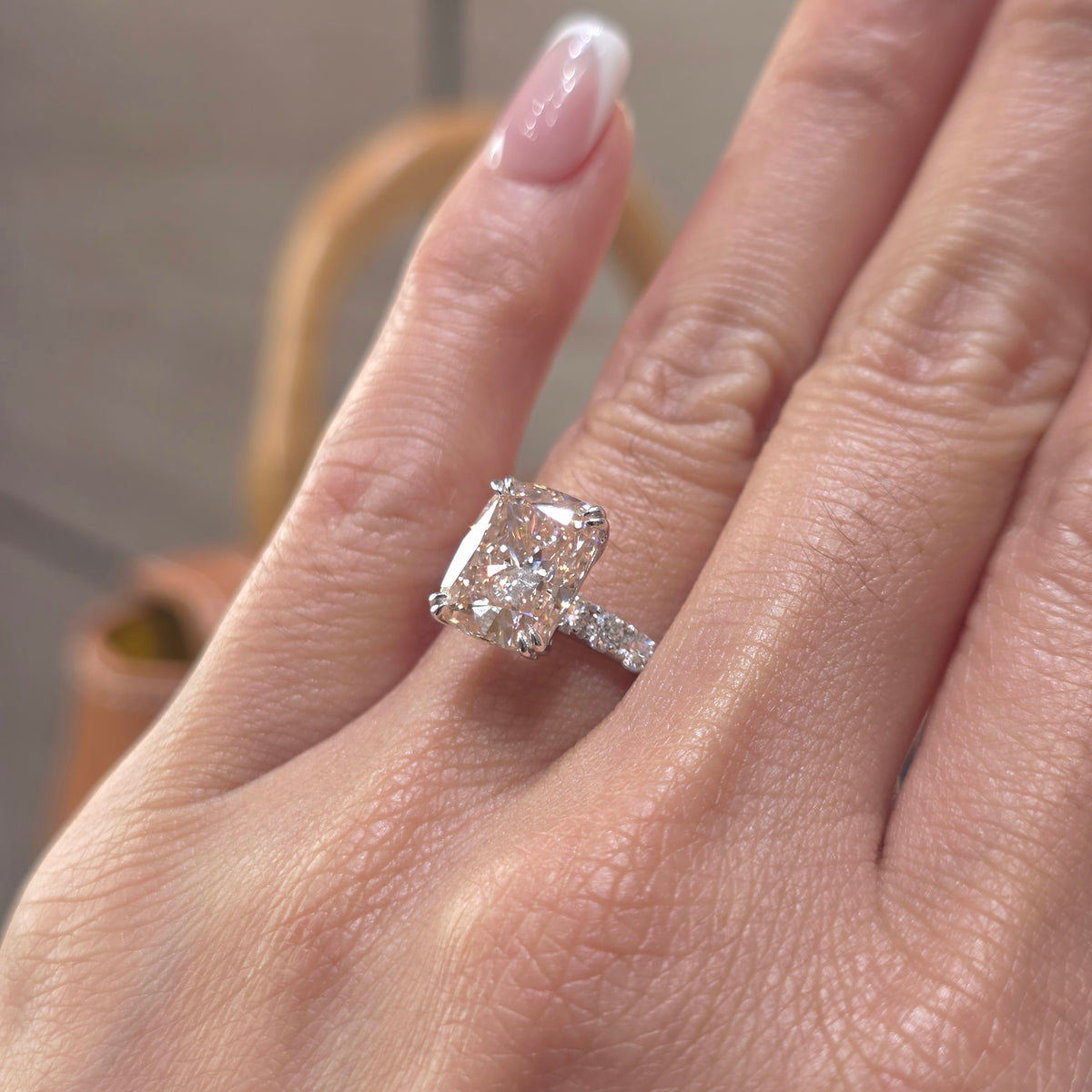 4 Carat Cushion Fancy Pink Lab-Grown Diamond Solitaire Engagement Ring with Pavé Band in Gold