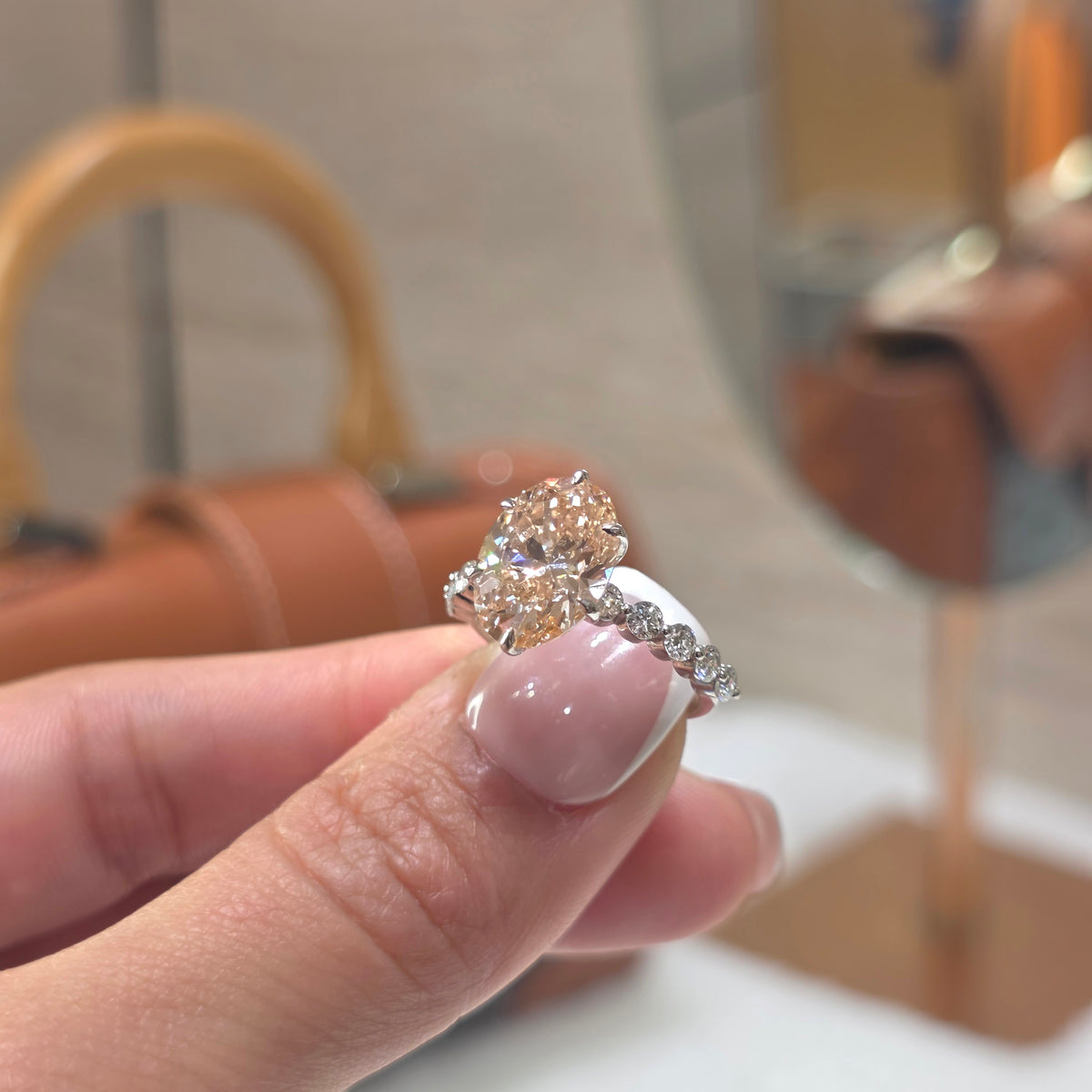 4 Carat Oval Fancy Pink Lab-Grown Diamond Solitaire Engagement Ring with Pavé Band