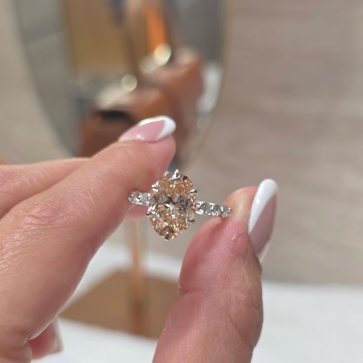 4 Carat Oval Fancy Pink Lab-Grown Diamond Solitaire Engagement Ring with Pavé Band