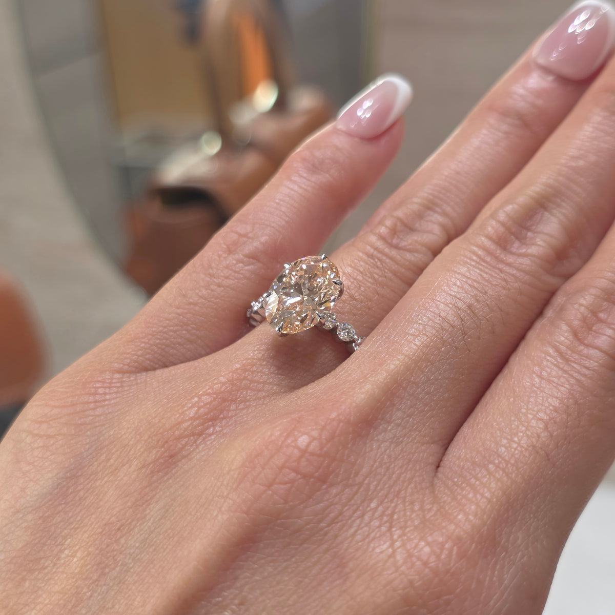 4 Carat Oval Fancy Pink Lab-Grown Diamond Solitaire Engagement Ring with Pavé Band