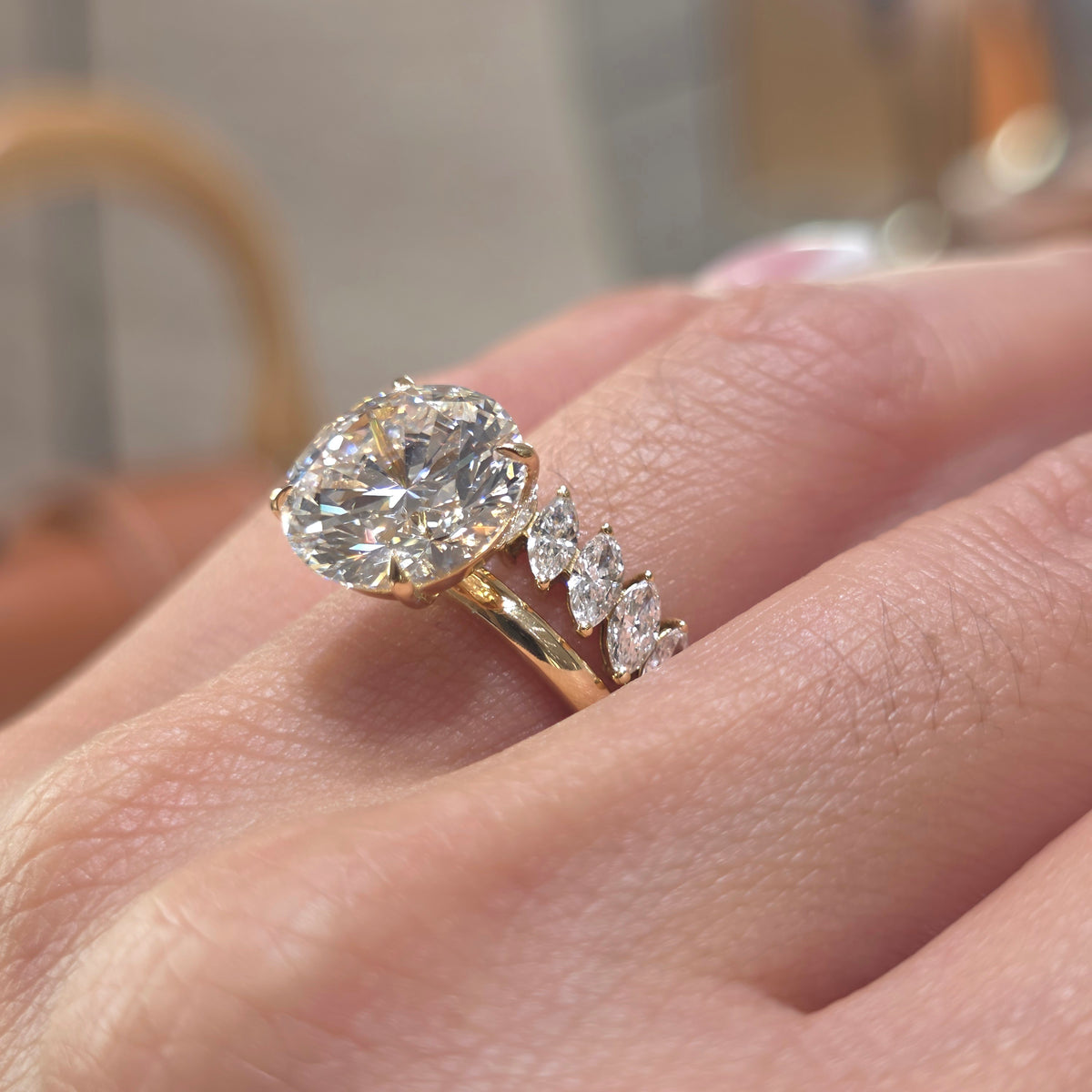 6 Carat Round Cut Lab-Grown Solitaire Engagement Ring with Marquise Diamonds Half-Eternity Band in 18K Gold