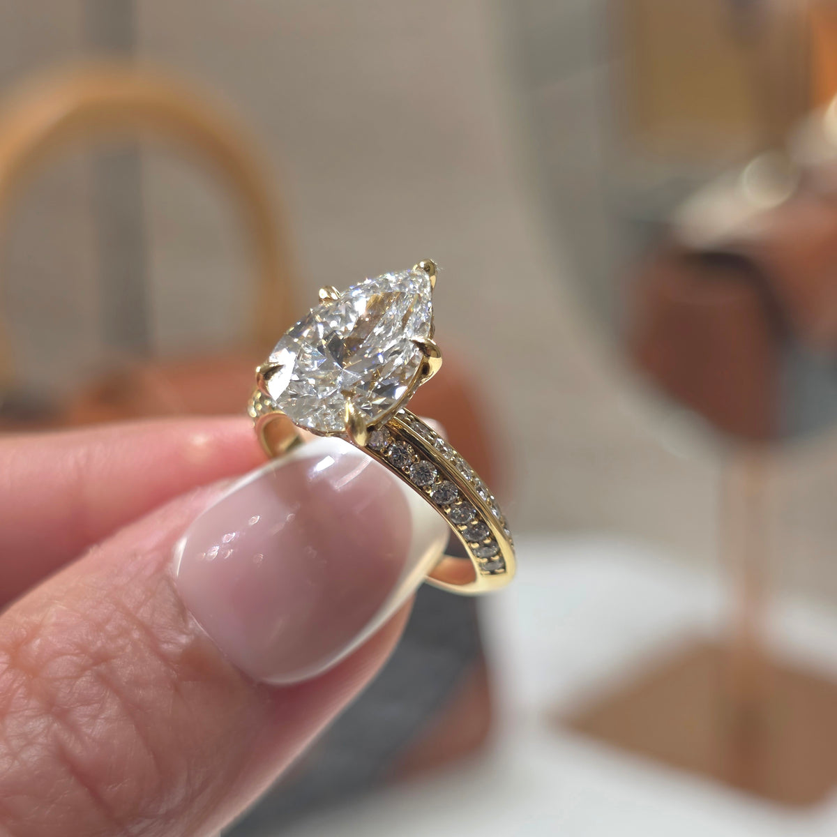 3 Carat Pear Lab-Grown Diamond Solitaire Engagement Ring with Knife-Edge Pavé Band