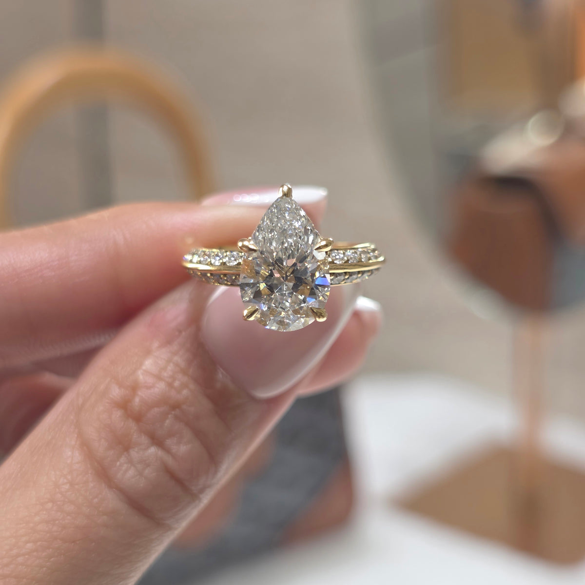 3 Carat Pear Lab-Grown Diamond Solitaire Engagement Ring with Knife-Edge Pavé Band
