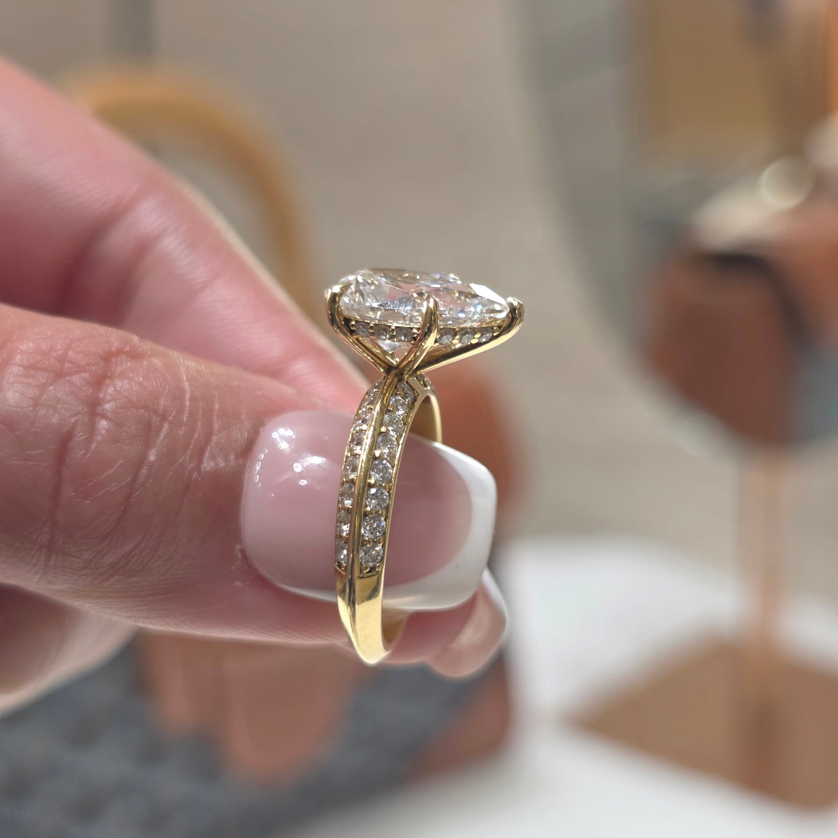 3 Carat Pear Lab-Grown Diamond Solitaire Engagement Ring with Knife-Edge Pavé Band