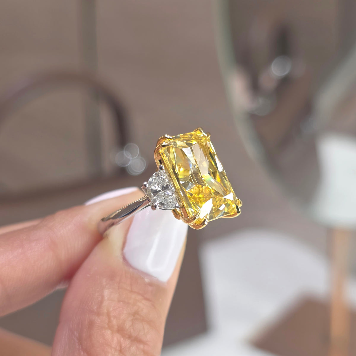 11 Carat Radiant Fancy Yellow Lab-Grown Trilogy Ring with Half Moon Side Diamonds – Soluna