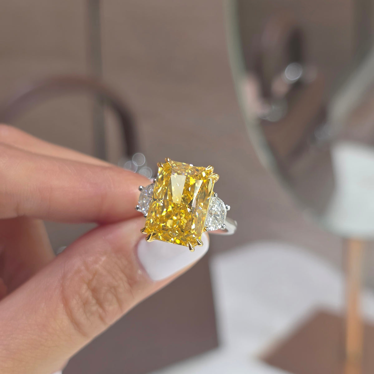 11 Carat Radiant Fancy Yellow Lab-Grown Trilogy Ring with Half Moon Side Diamonds – Soluna