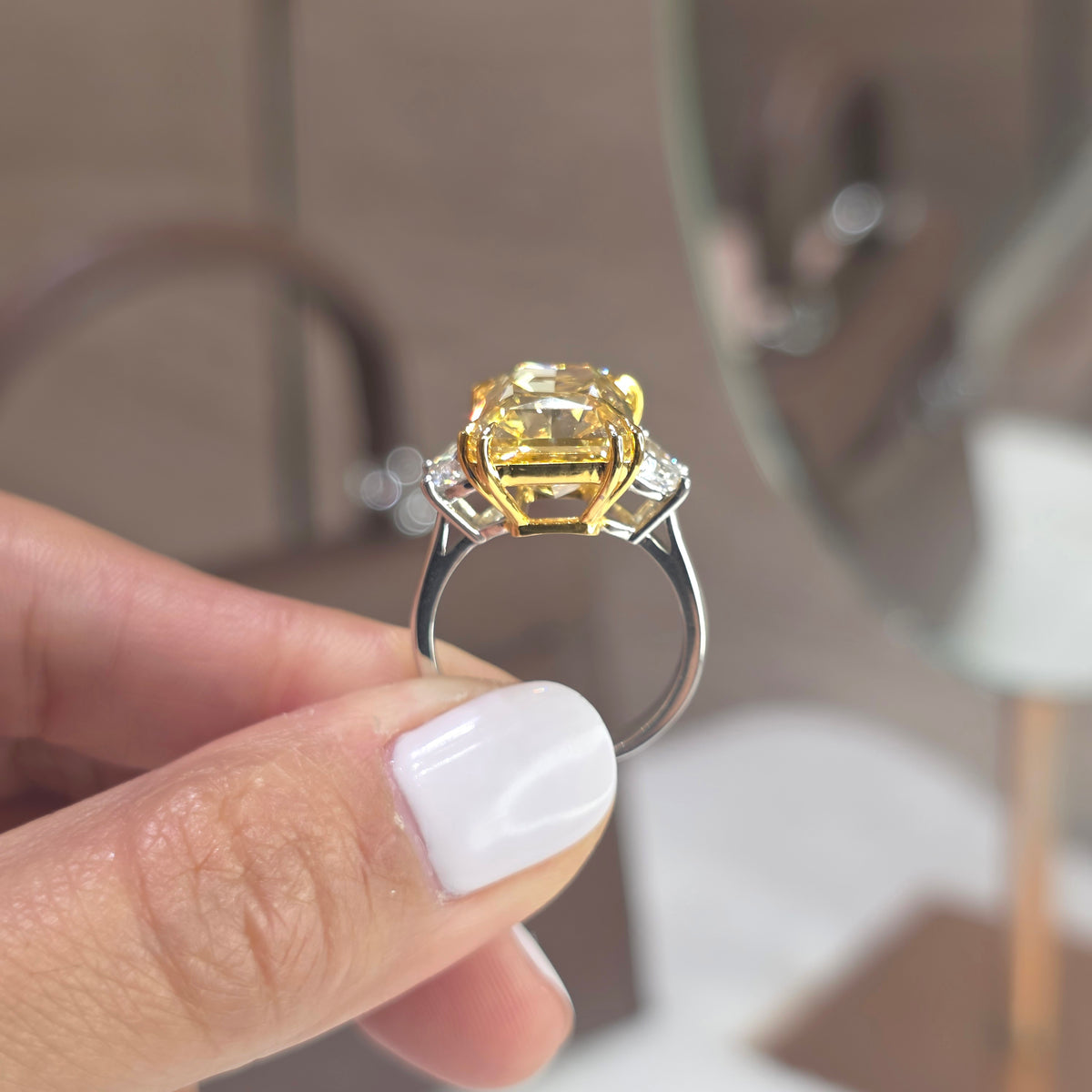 11 Carat Radiant Fancy Yellow Lab-Grown Trilogy Ring with Half Moon Side Diamonds – Soluna